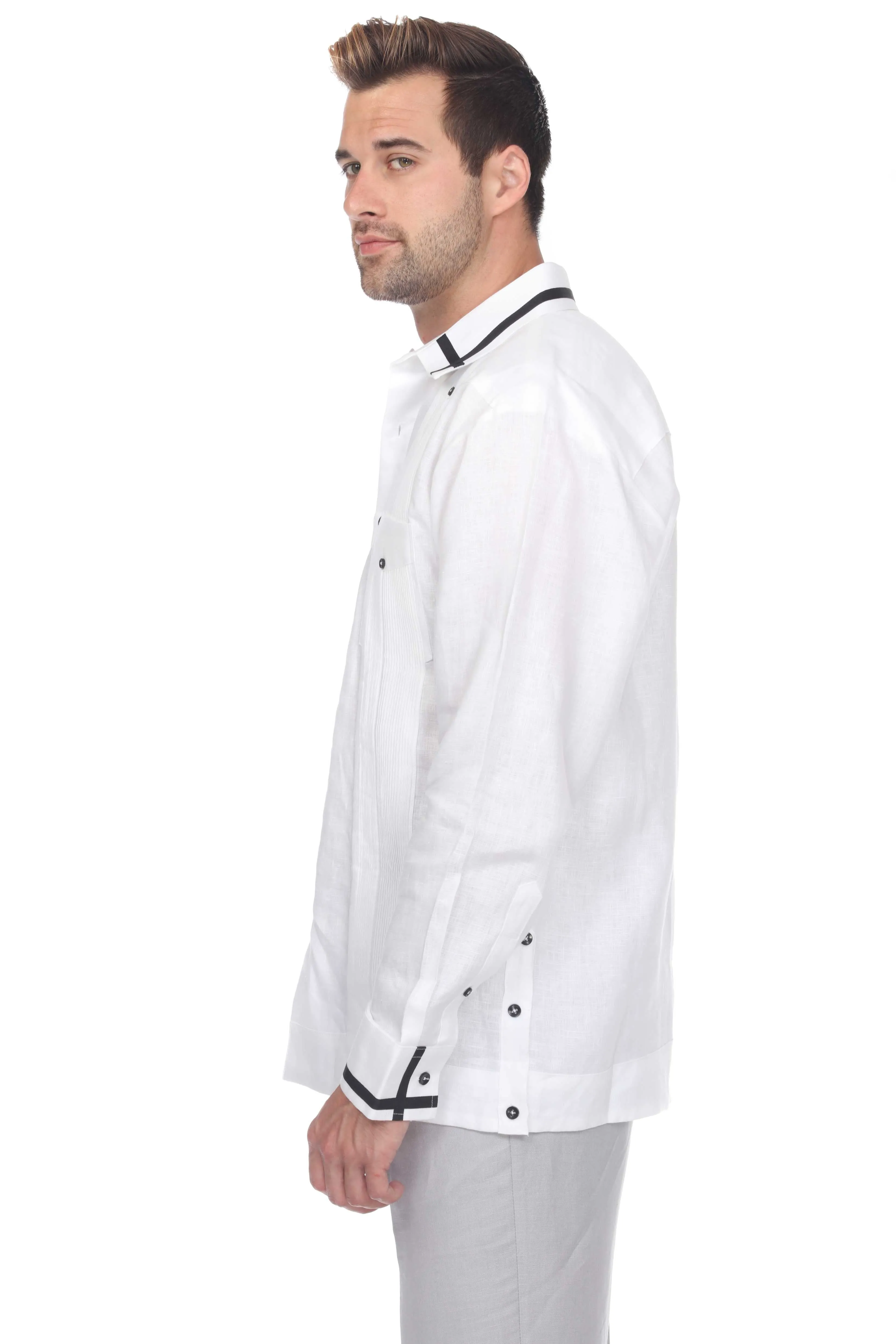 Mojito Men's Guayabera Shirt Long Sleeve 100% Linen with Stylish Stripe Trim