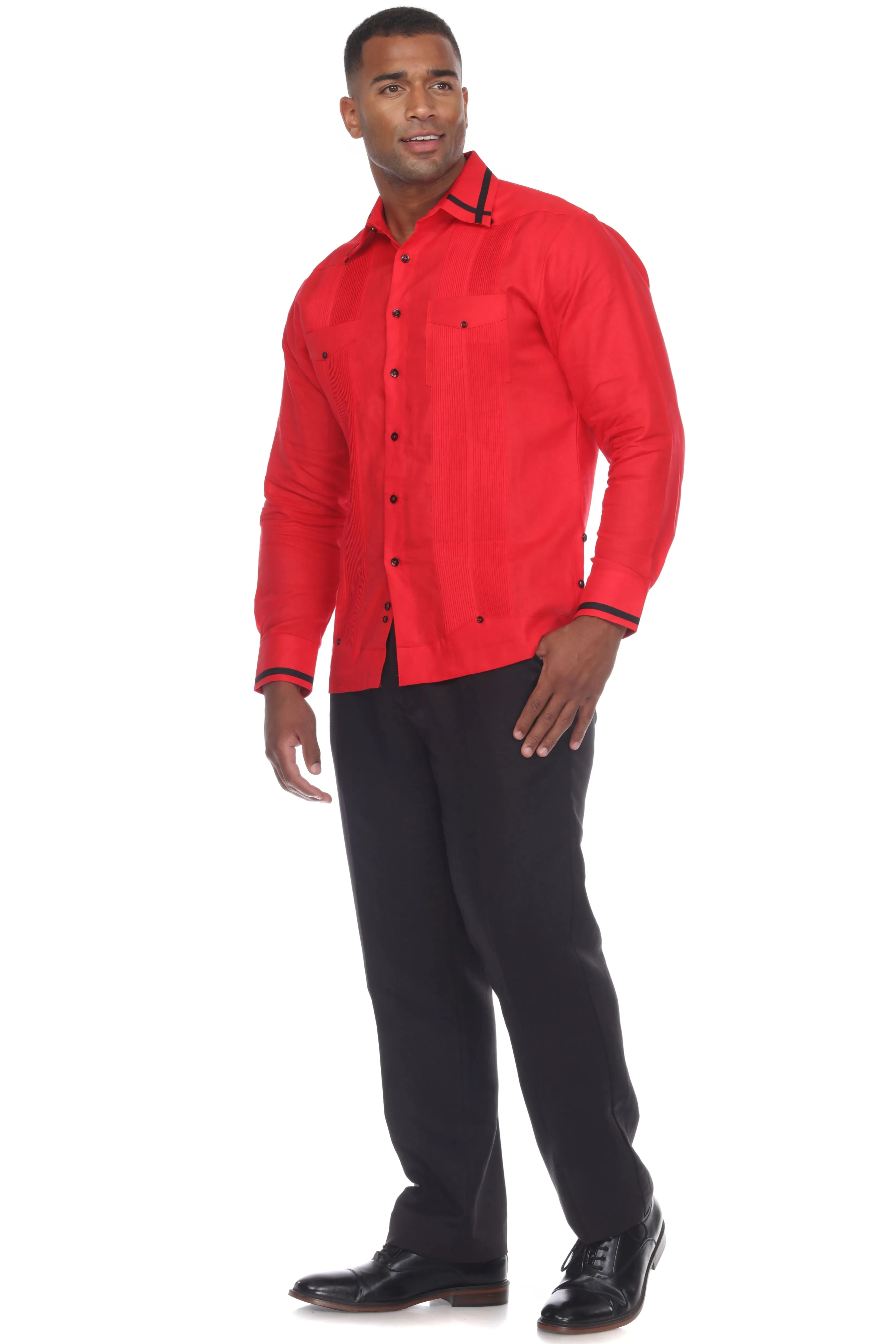 Mojito Men's Guayabera Shirt Long Sleeve 100% Linen with Stylish Stripe Trim