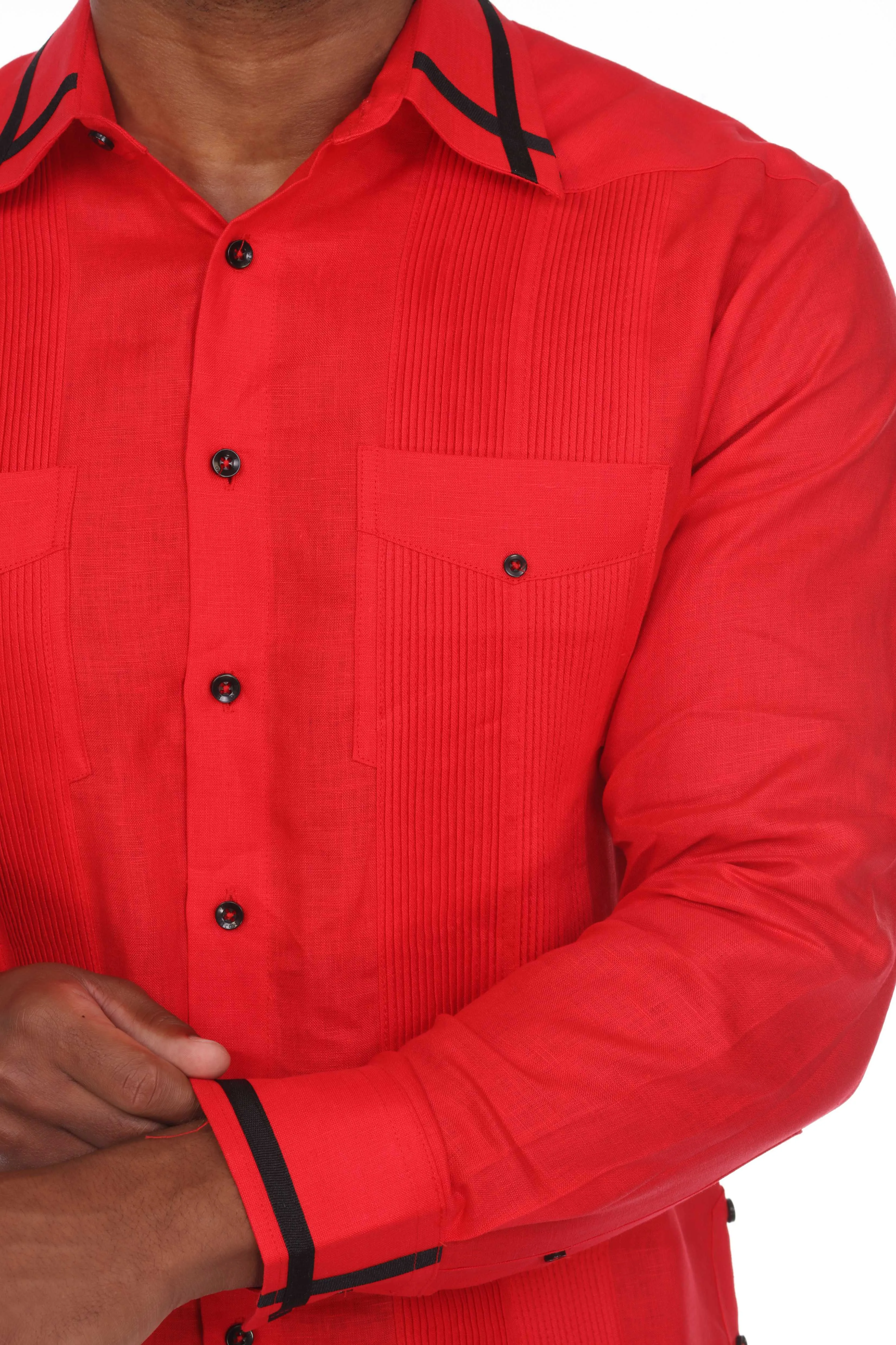 Mojito Men's Guayabera Shirt Long Sleeve 100% Linen with Stylish Stripe Trim