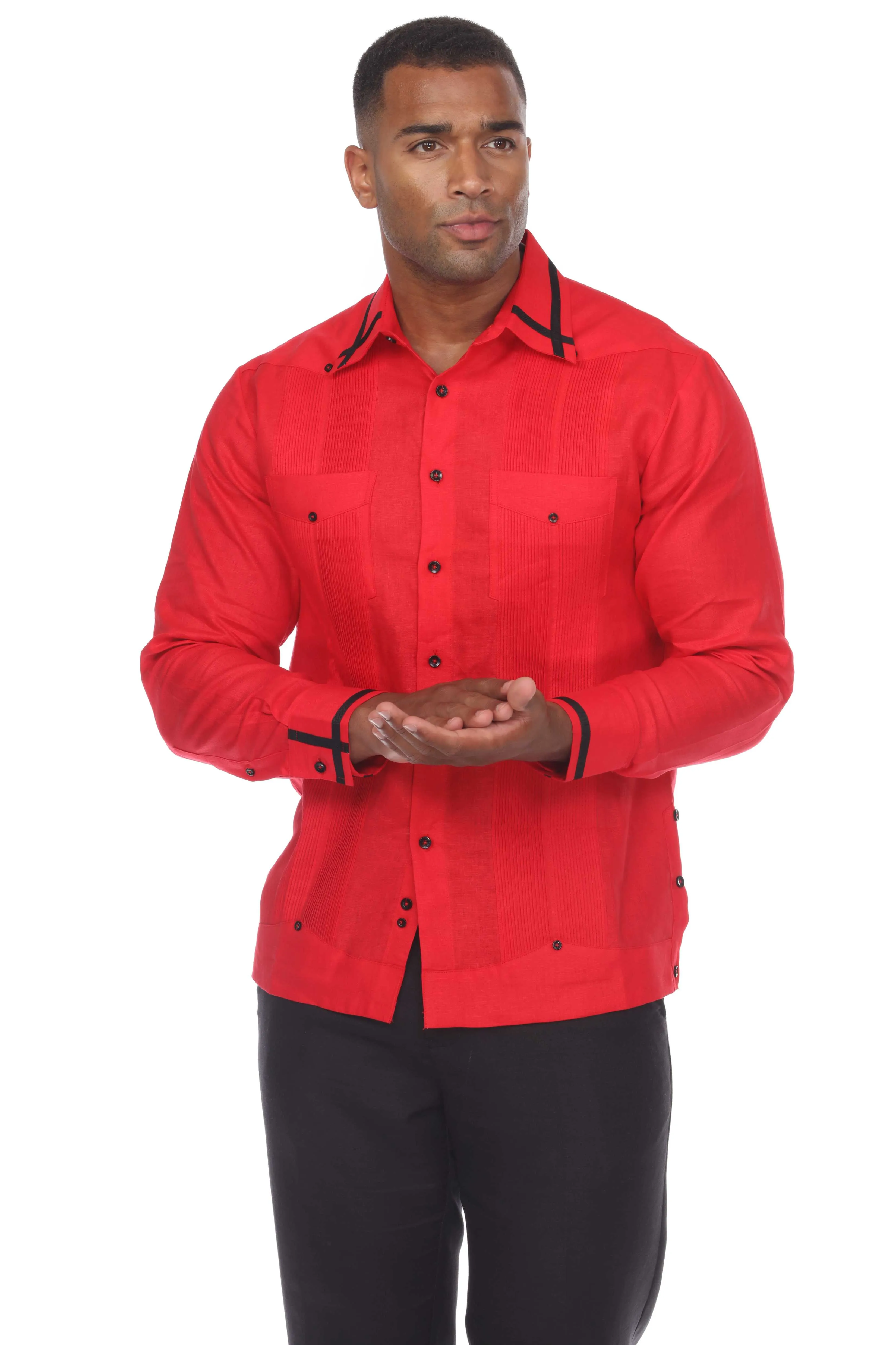 Mojito Men's Guayabera Shirt Long Sleeve 100% Linen with Stylish Stripe Trim