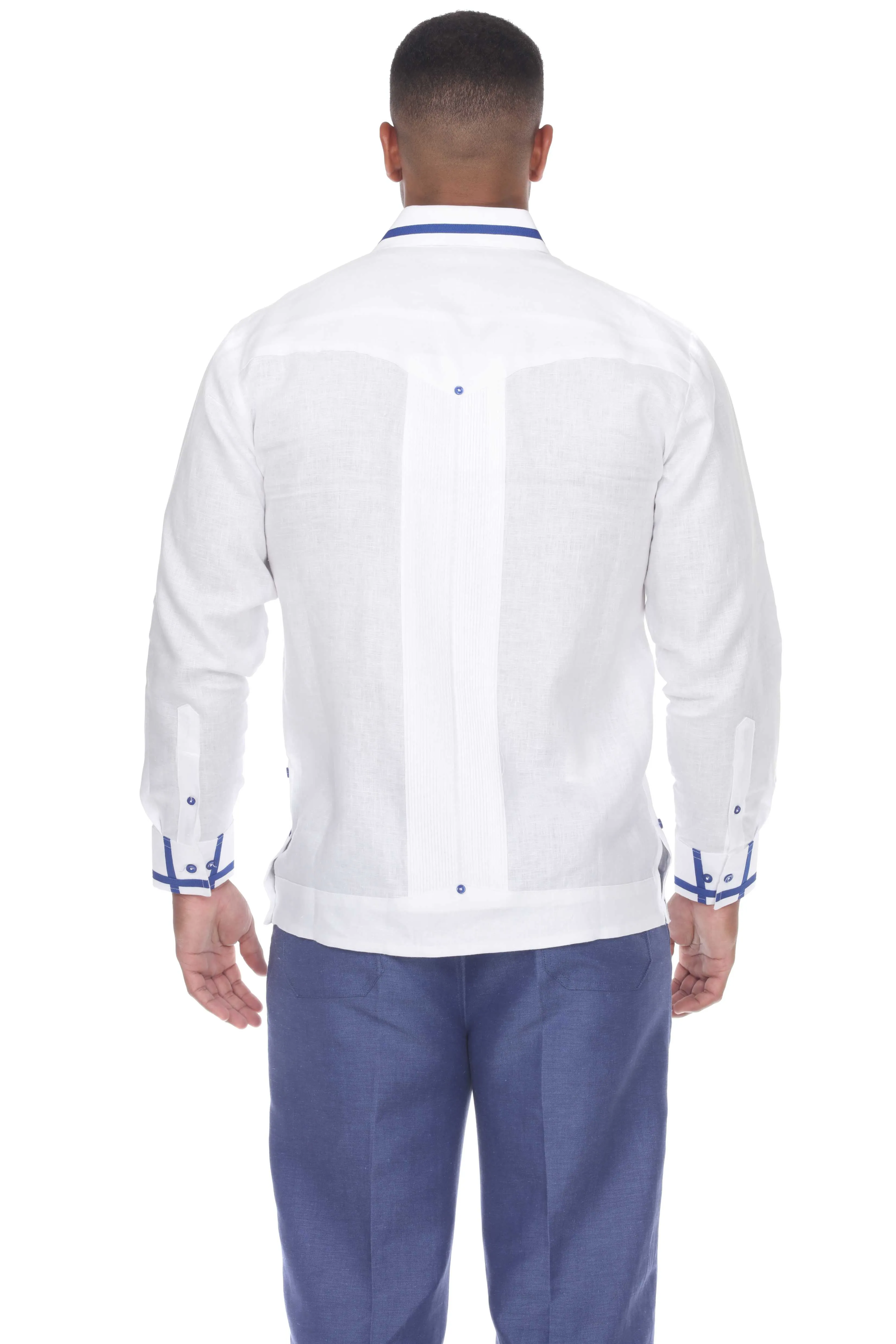 Mojito Men's Guayabera Shirt Long Sleeve 100% Linen with Stylish Stripe Trim