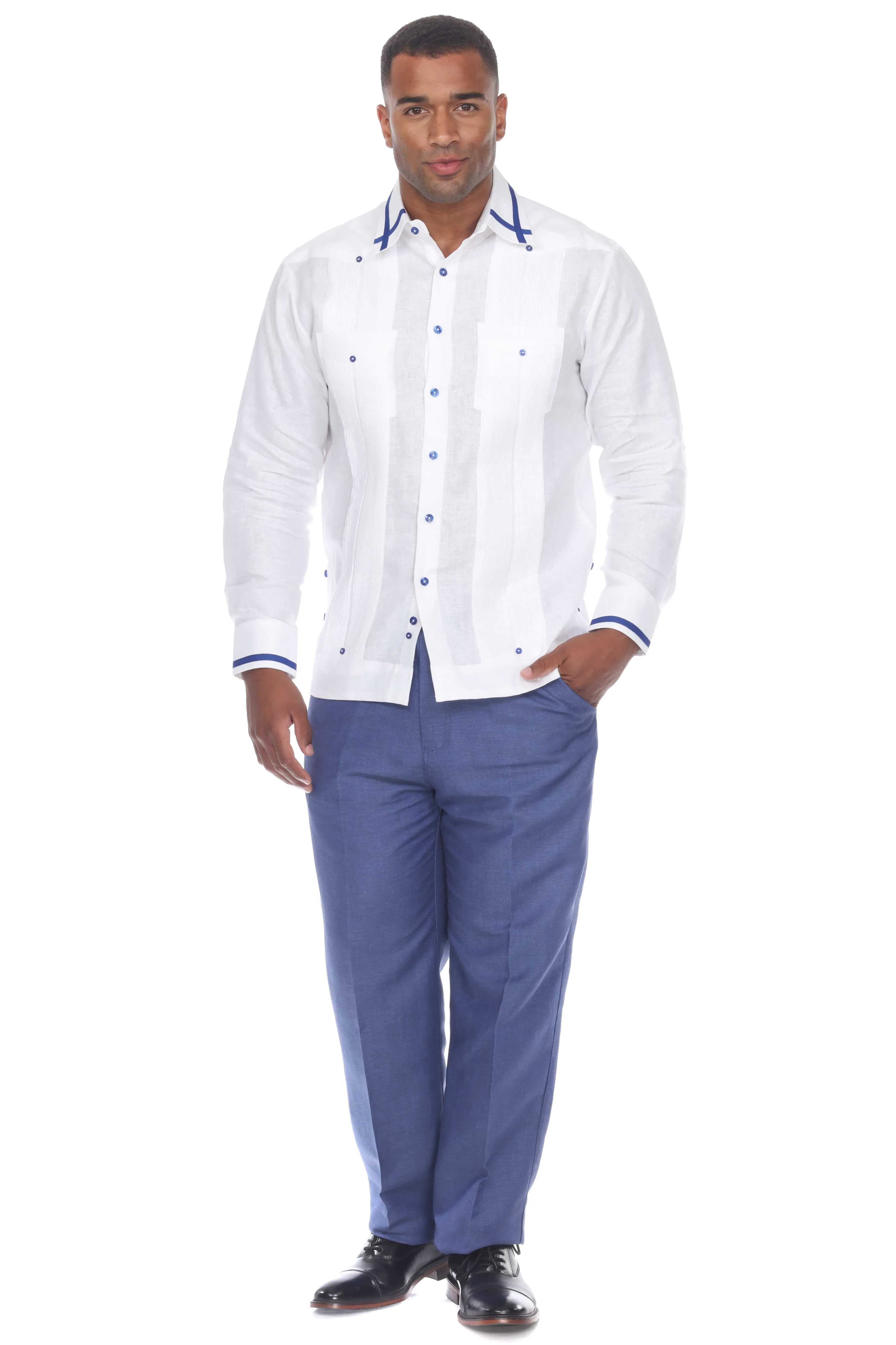 Mojito Men's Guayabera Shirt Long Sleeve 100% Linen with Stylish Stripe Trim