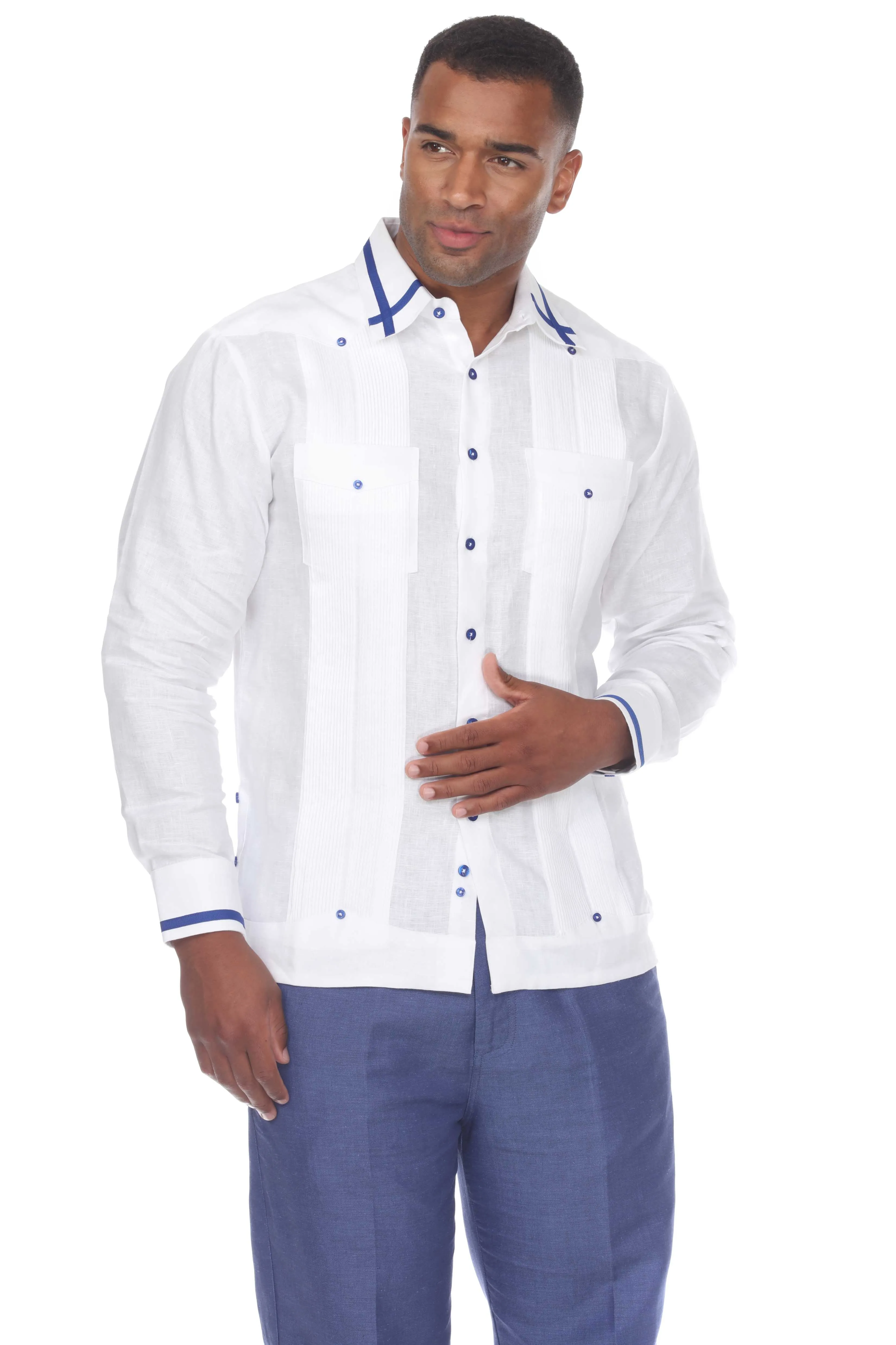 Mojito Men's Guayabera Shirt Long Sleeve 100% Linen with Stylish Stripe Trim