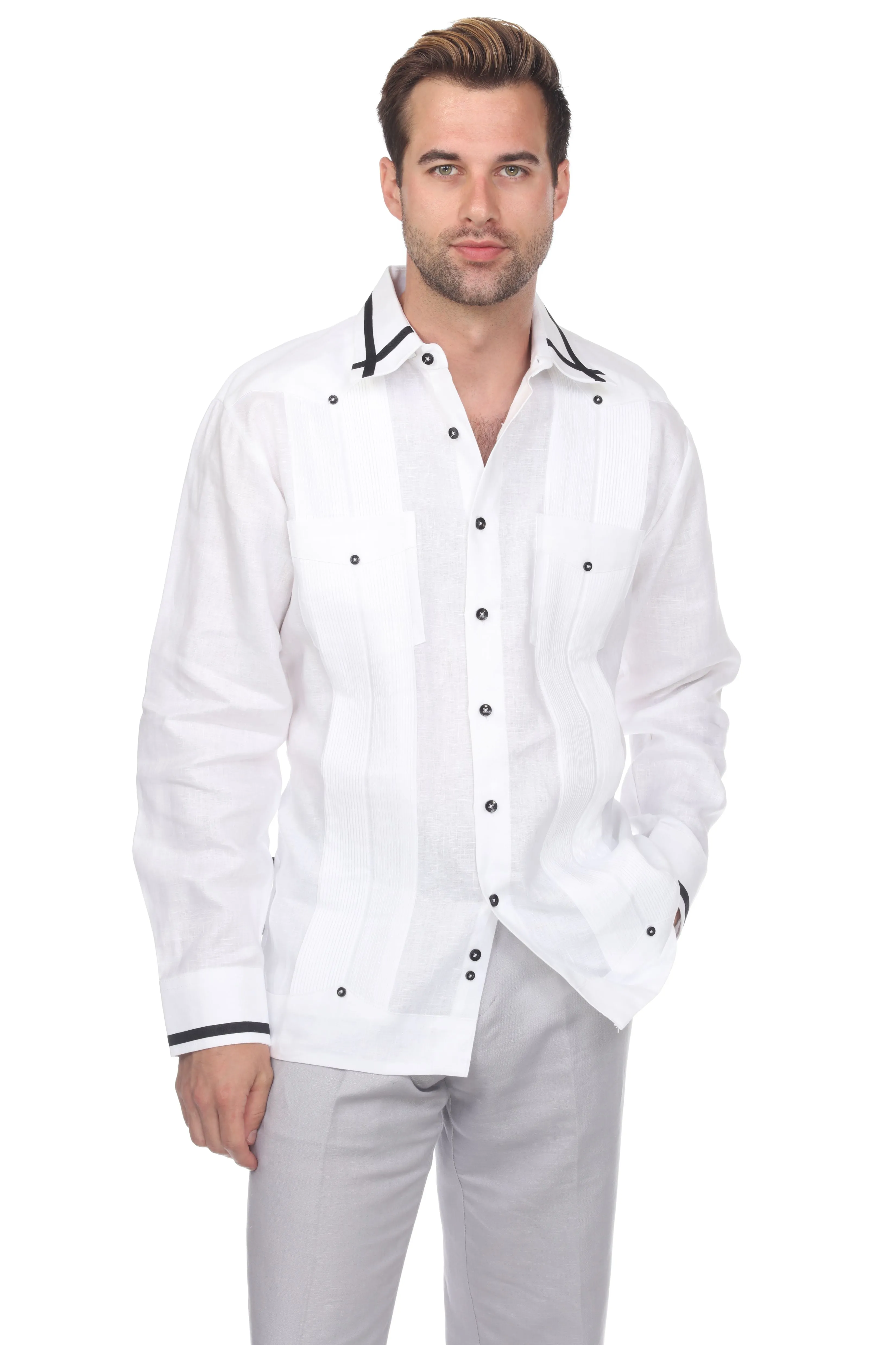 Mojito Men's Guayabera Shirt Long Sleeve 100% Linen with Stylish Stripe Trim