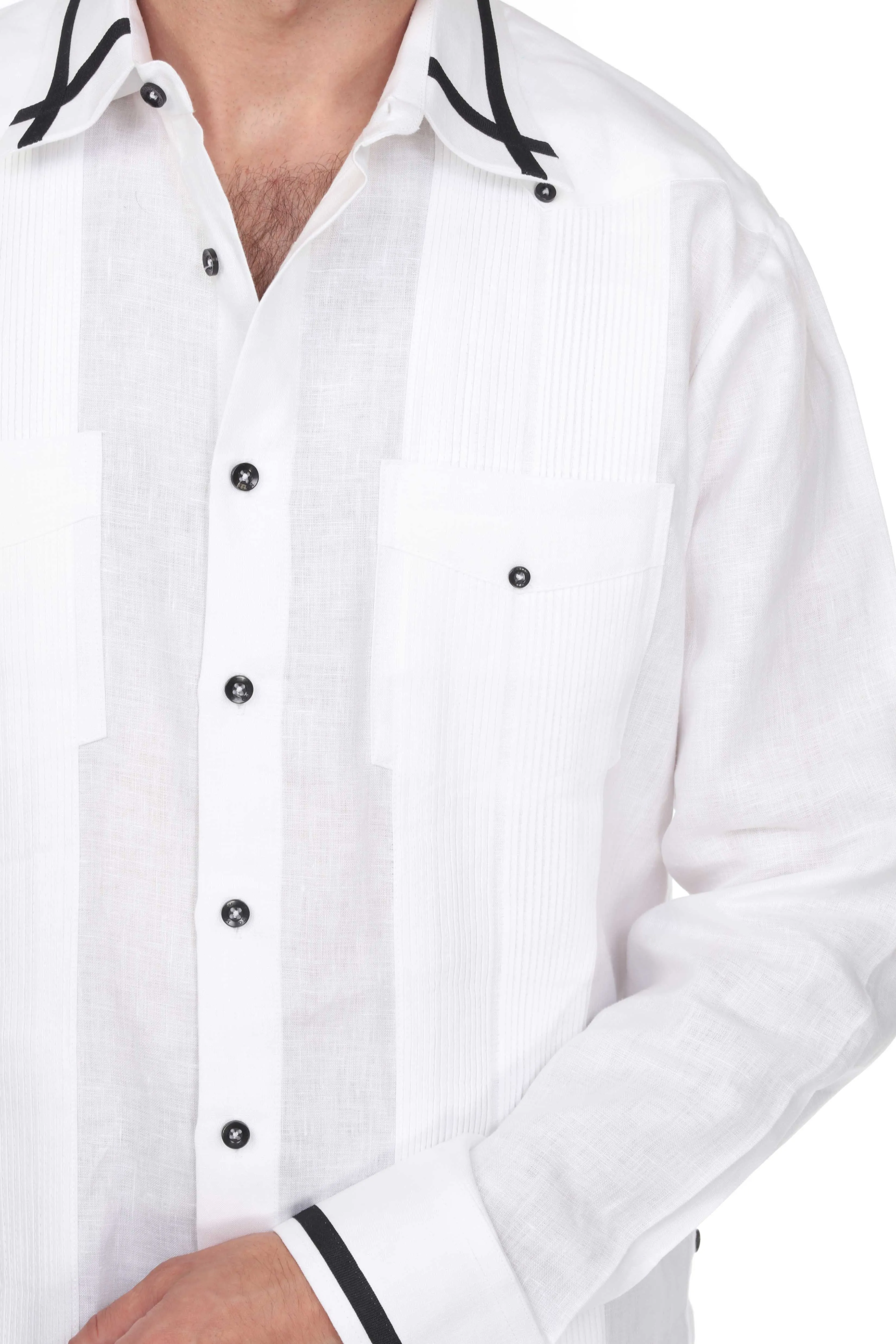 Mojito Men's Guayabera Shirt Long Sleeve 100% Linen with Stylish Stripe Trim