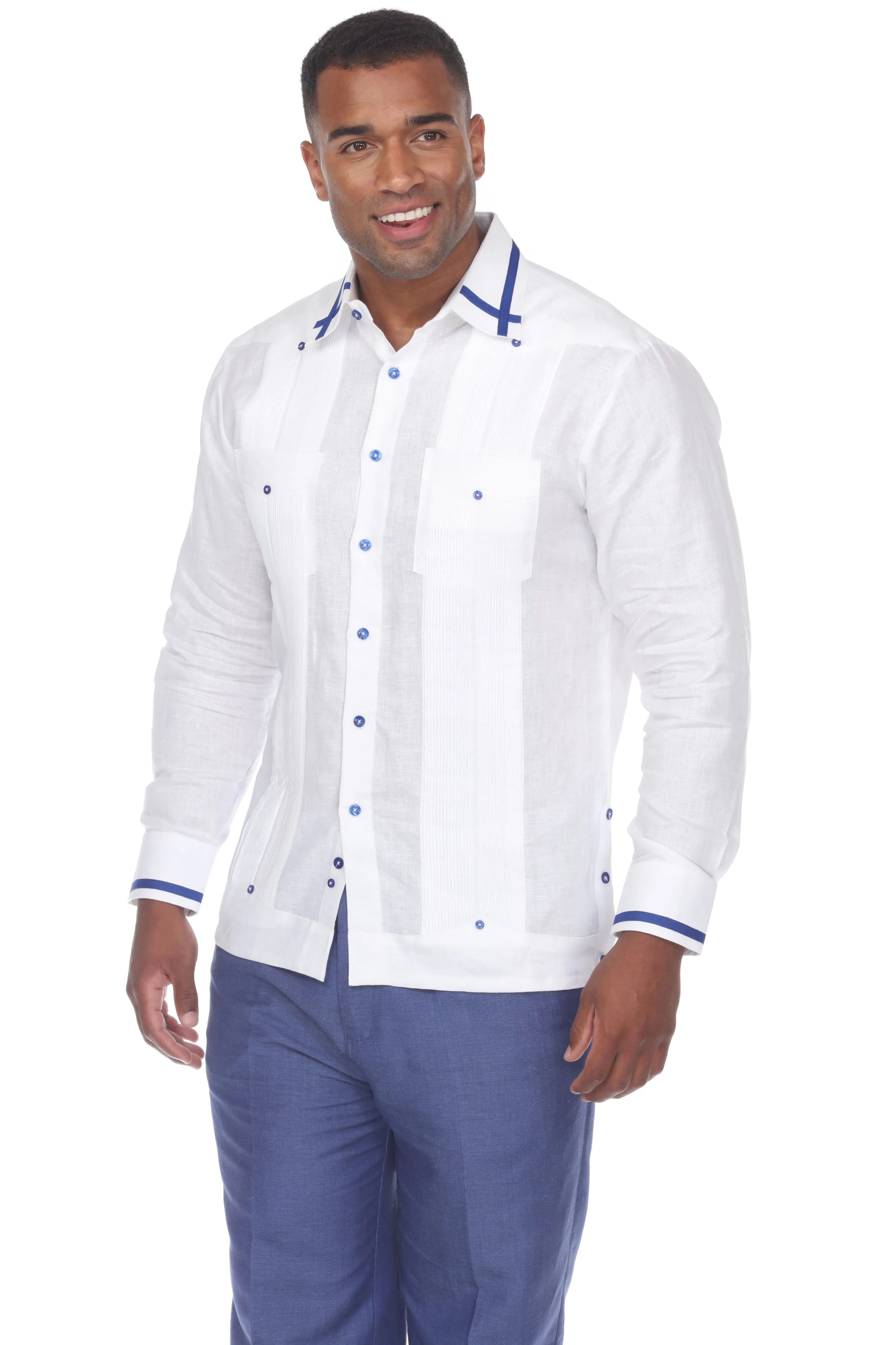 Mojito Men's Guayabera Shirt Long Sleeve 100% Linen with Stylish Stripe Trim