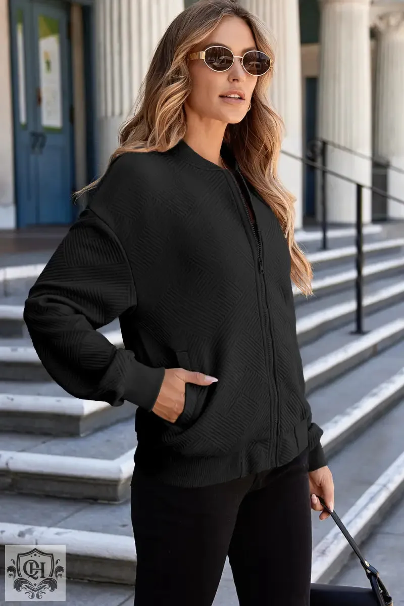 Myosotis Solid Textured Stand Neck Zipper Bomber Jacket