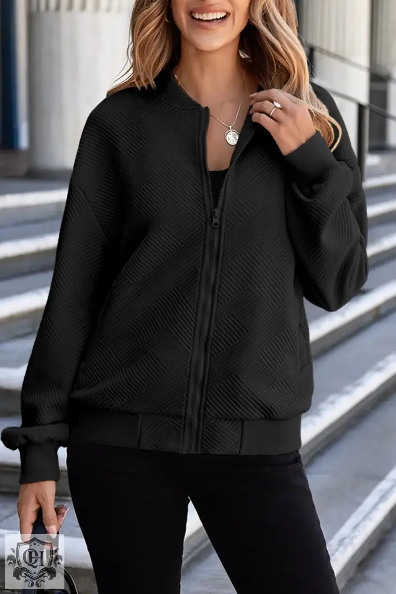 Myosotis Solid Textured Stand Neck Zipper Bomber Jacket