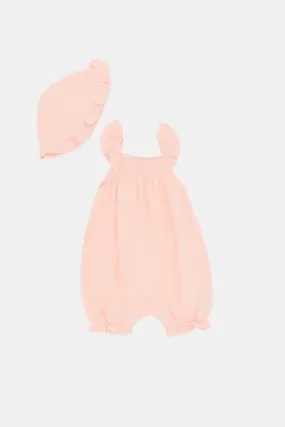 New Born Peach Frill Romper Set (2 Piece)