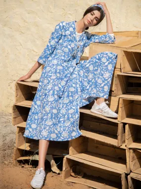 No More Blues Wrap Dress - Blue Hand Block Printed Cotton Wrap Dress