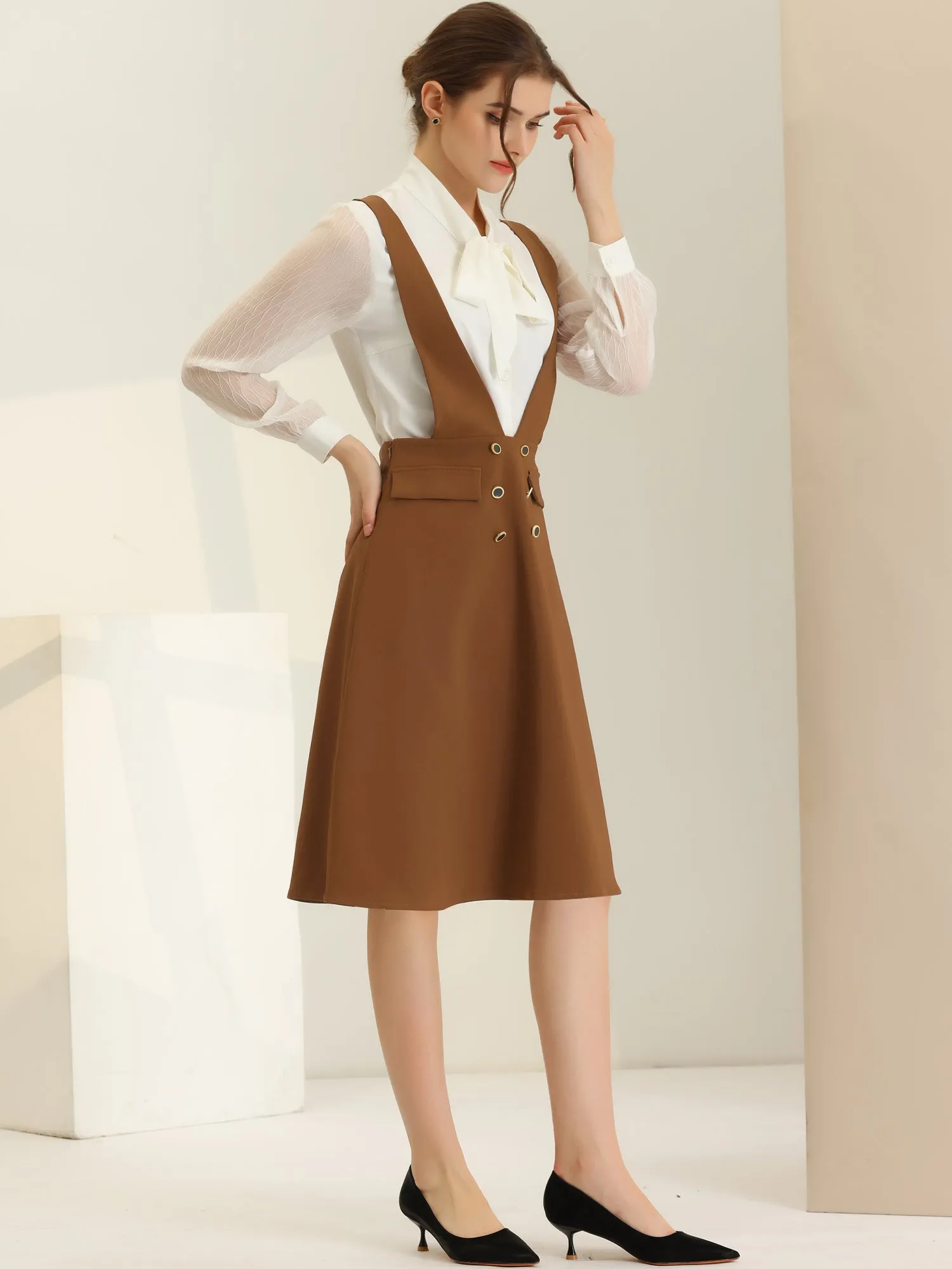 Overall Pinafore Dress Midi Suspenders Skirt