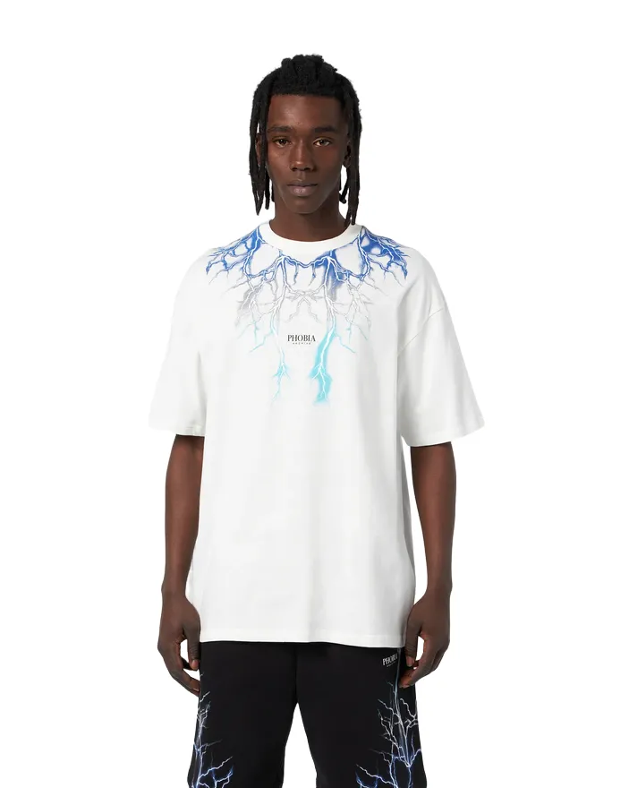 Phobia T-shirt unisex bianca con fulmini blu grigi azzurri PH00107BLGRLB
