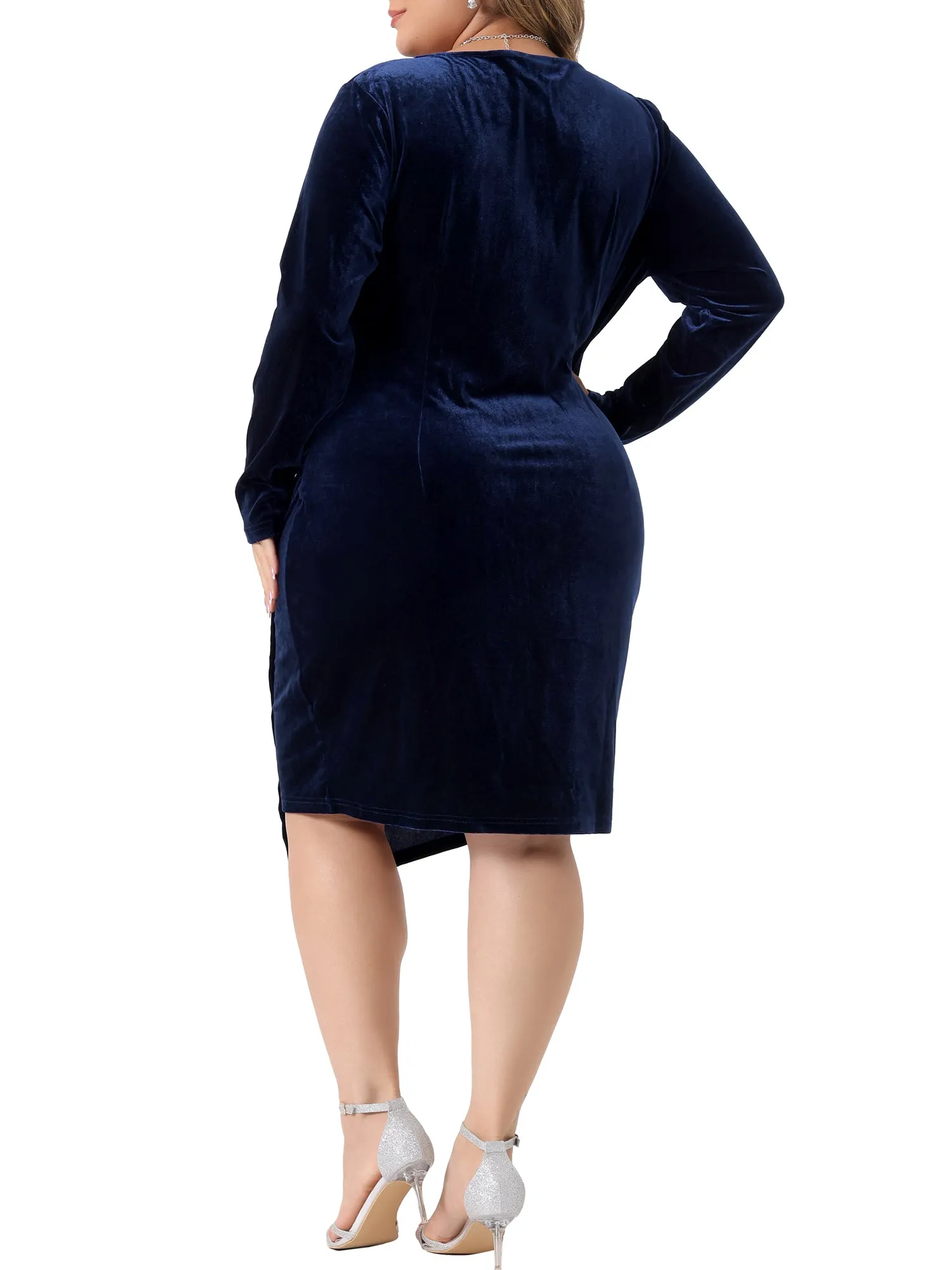 Plus Size Velvet Dresses for Women Faux Wrap V Neck Ruched Long Sleeve Party Cocktail Bodycon Dress