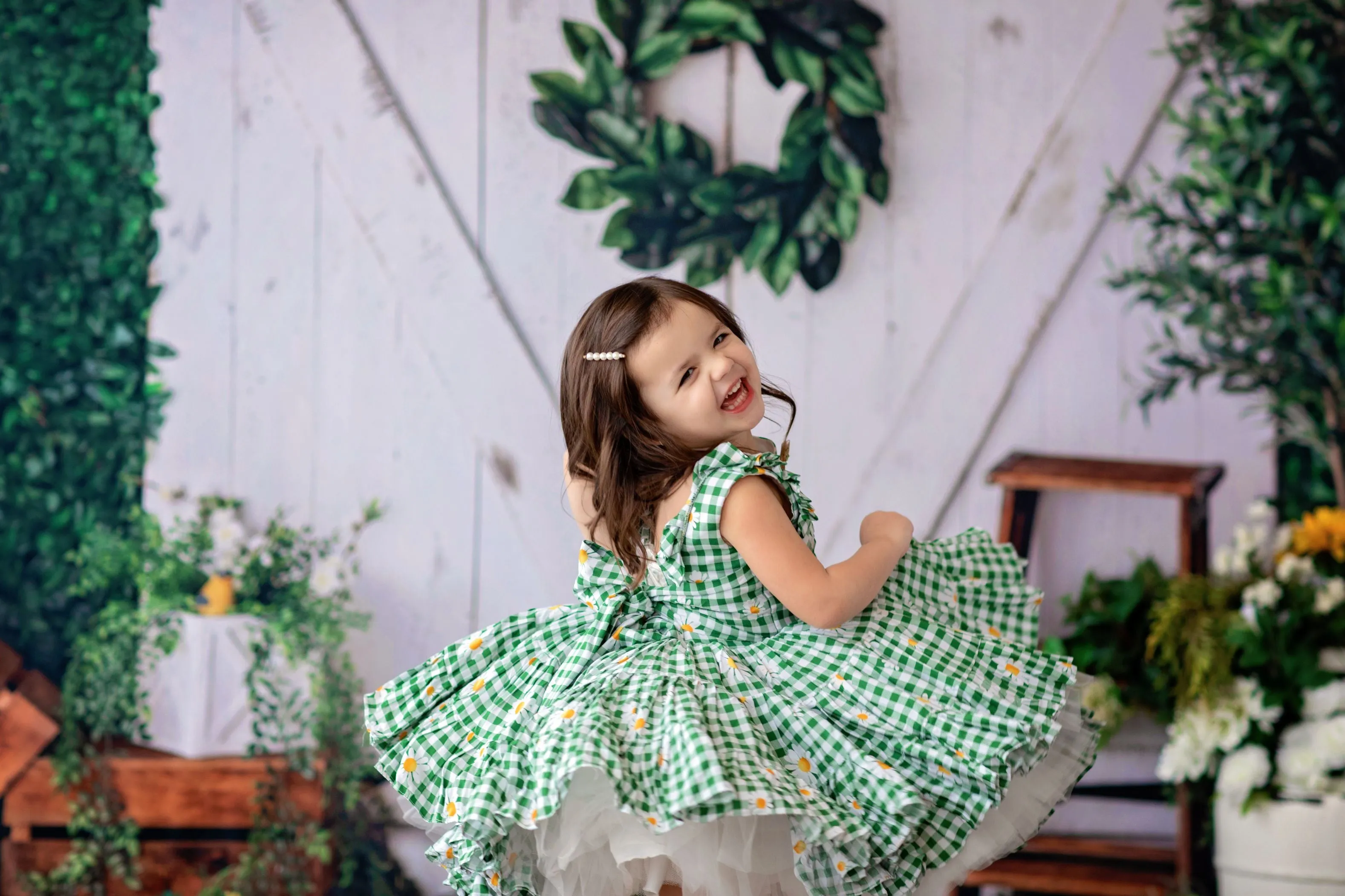 "Blooming Spring in Green" Vintage Petal Ruffles (4 Year-Petite 5 Year)