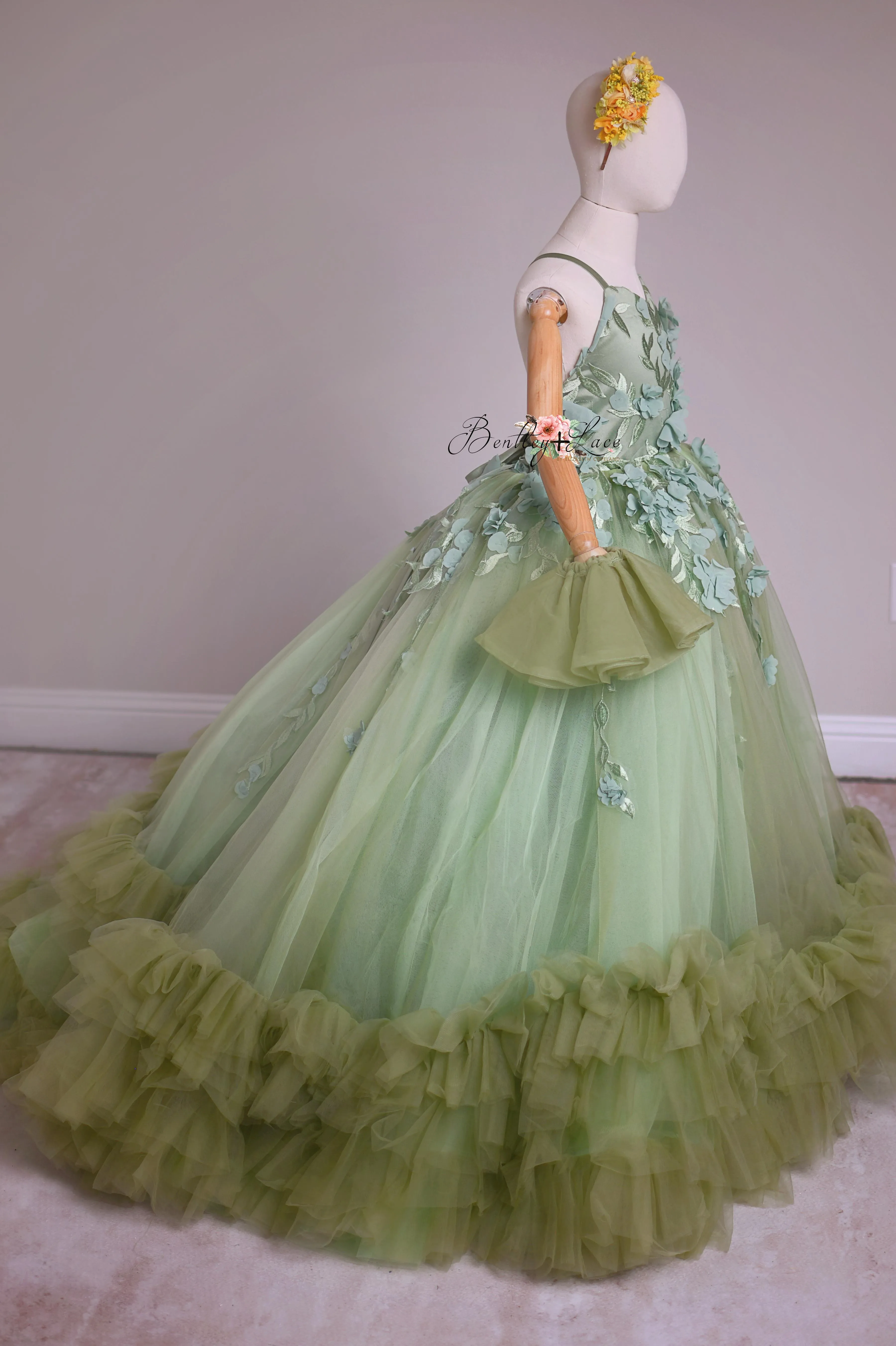 "Sage Symphony " Couture Floor length gown  ( 7 Year - Petite 9 Year)