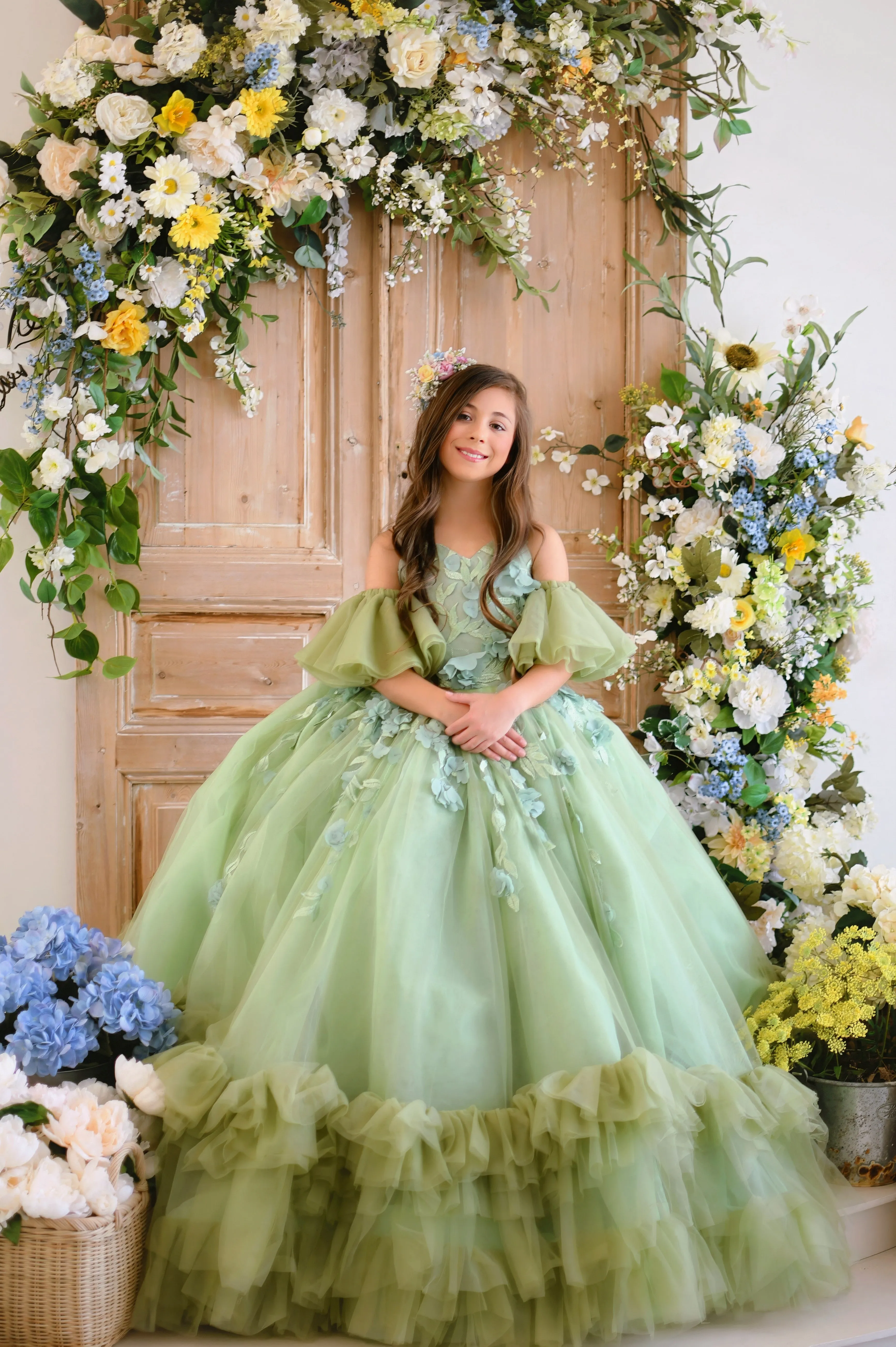 "Sage Symphony " Couture Floor length gown  ( 7 Year - Petite 9 Year)