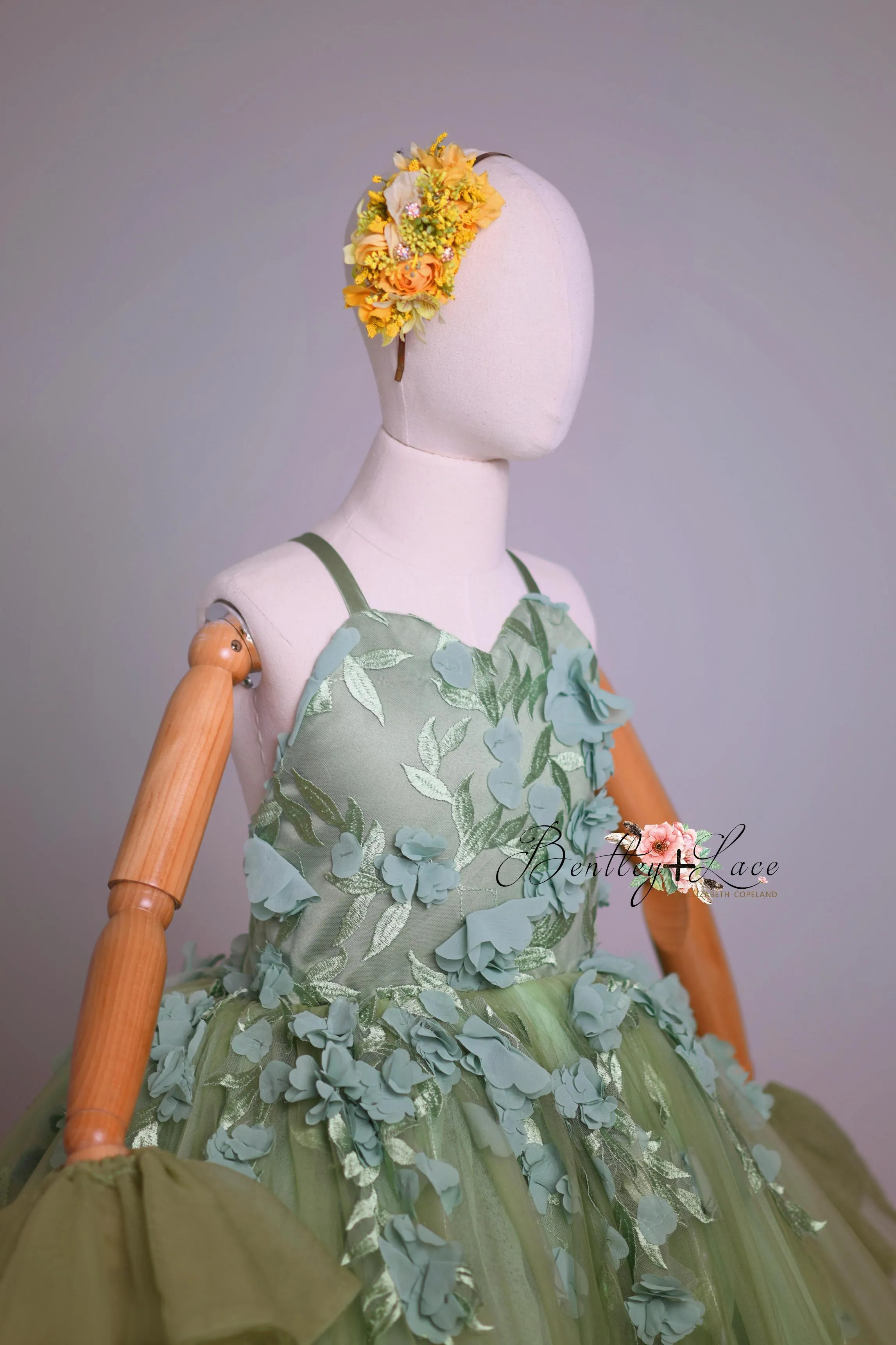 "Sage Symphony " Couture Floor length gown  ( 7 Year - Petite 9 Year)