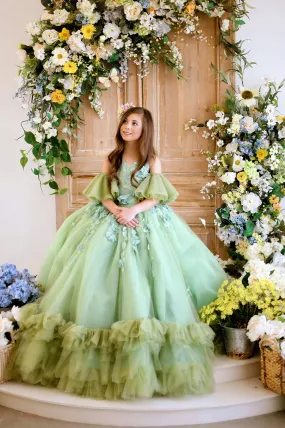 "Sage Symphony " Couture Floor length gown  ( 7 Year - Petite 9 Year)