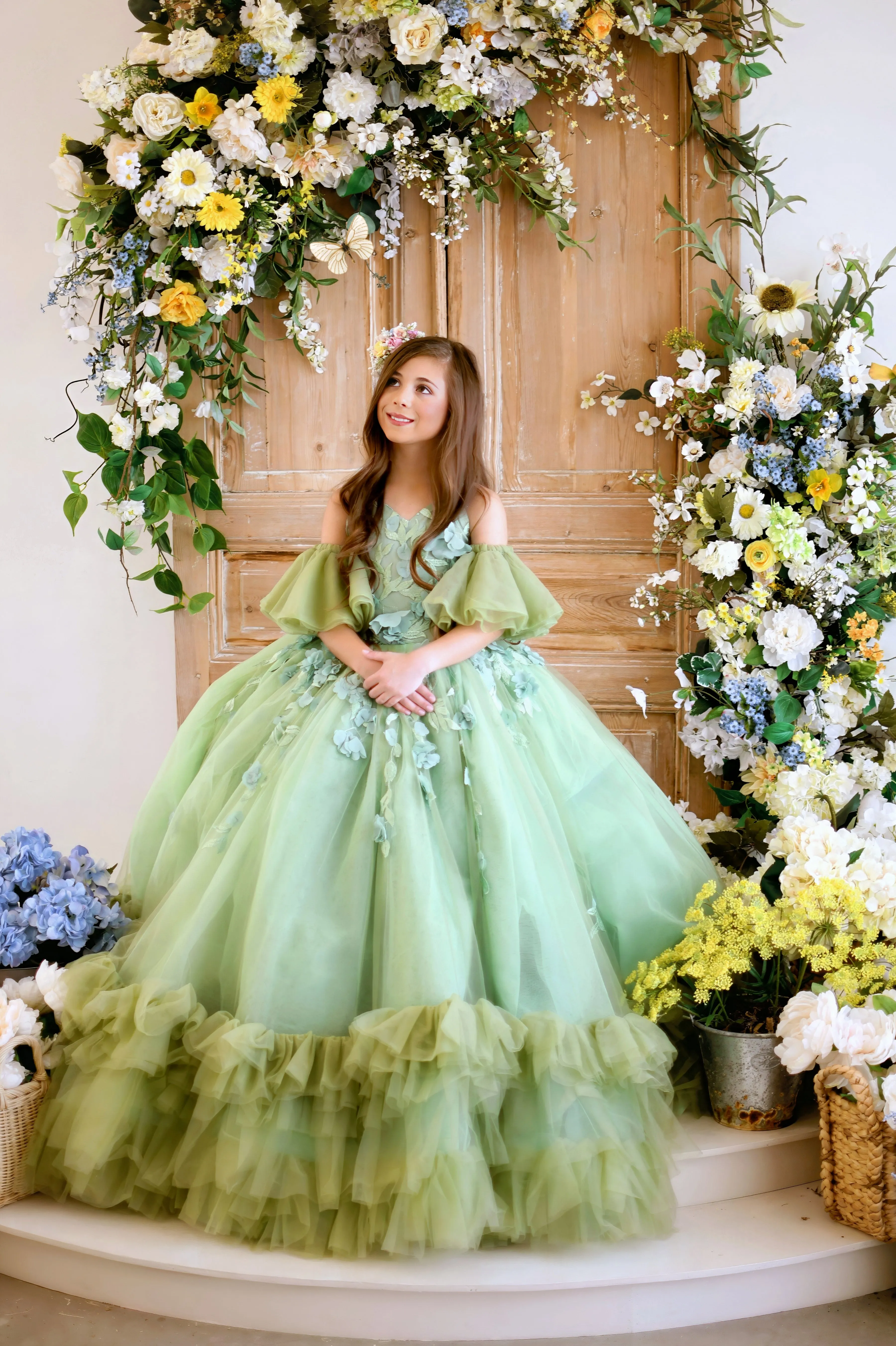 "Sage Symphony " Couture Floor length gown  ( 7 Year - Petite 9 Year)