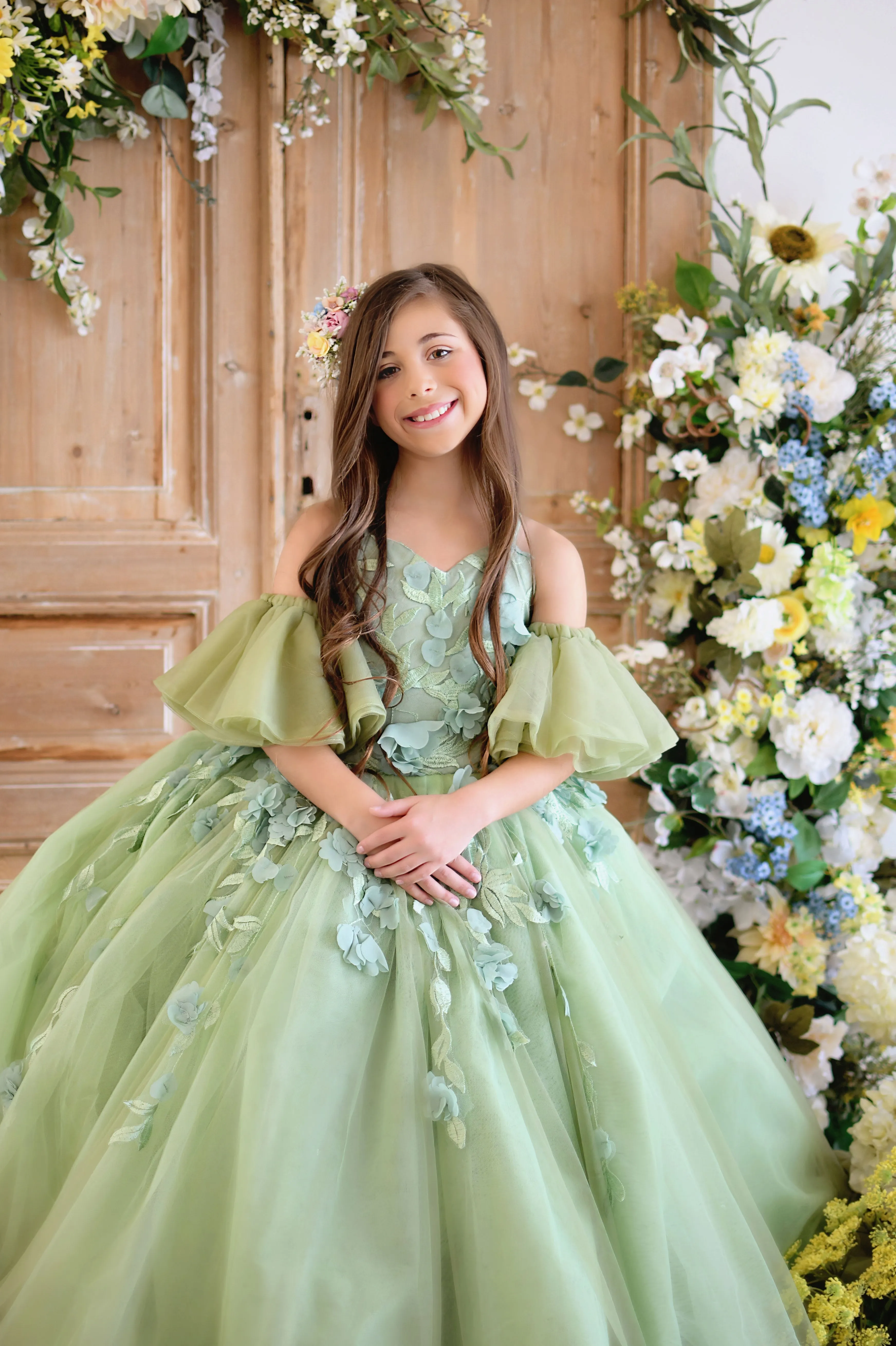 "Sage Symphony " Couture Floor length gown  ( 7 Year - Petite 9 Year)