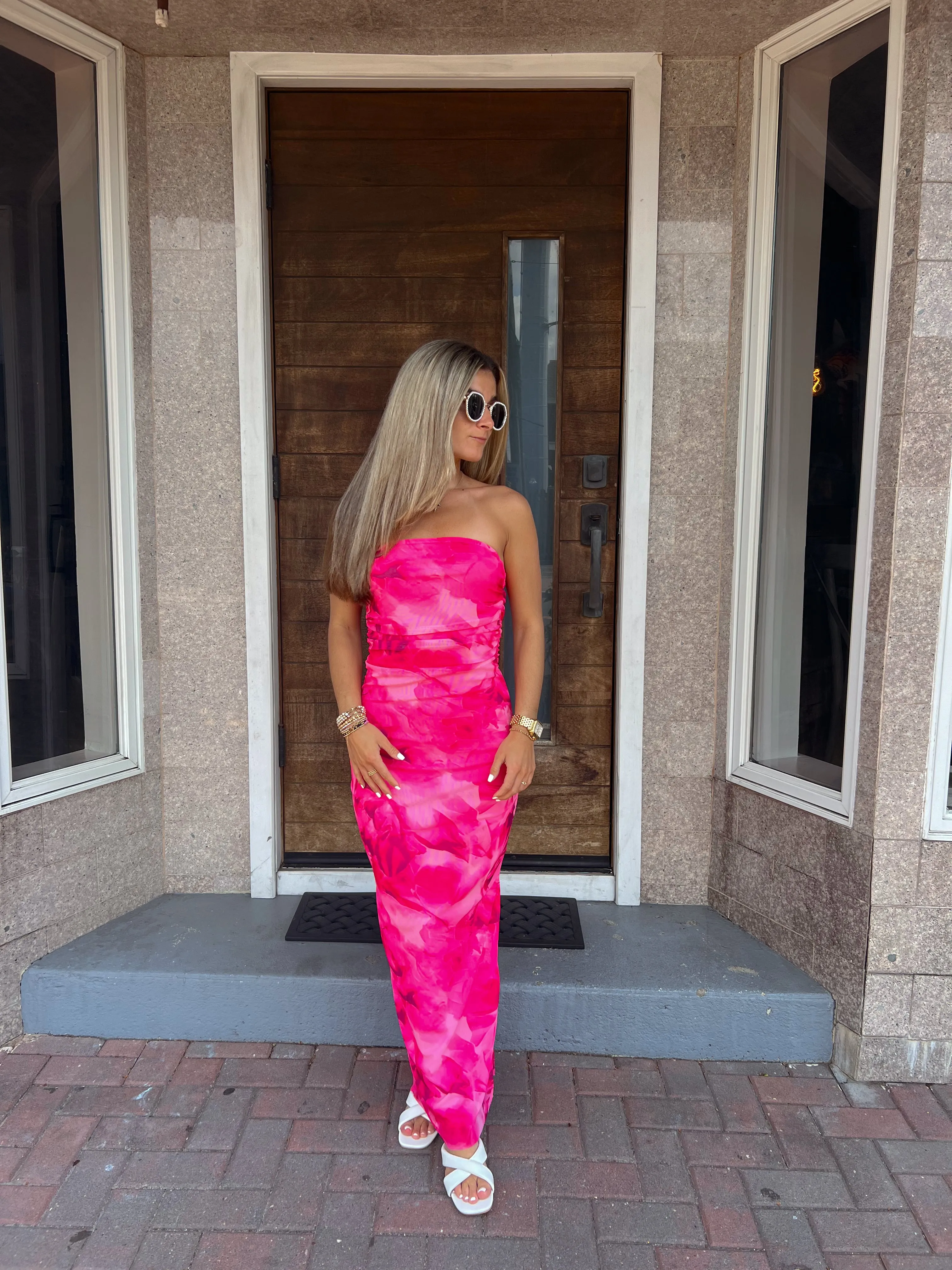 "Weekend In Jupiter" Pink Strapless Maxi Bodycon Dress