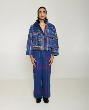 Recycled Blue Multi Colored Collared Cotton Jacket