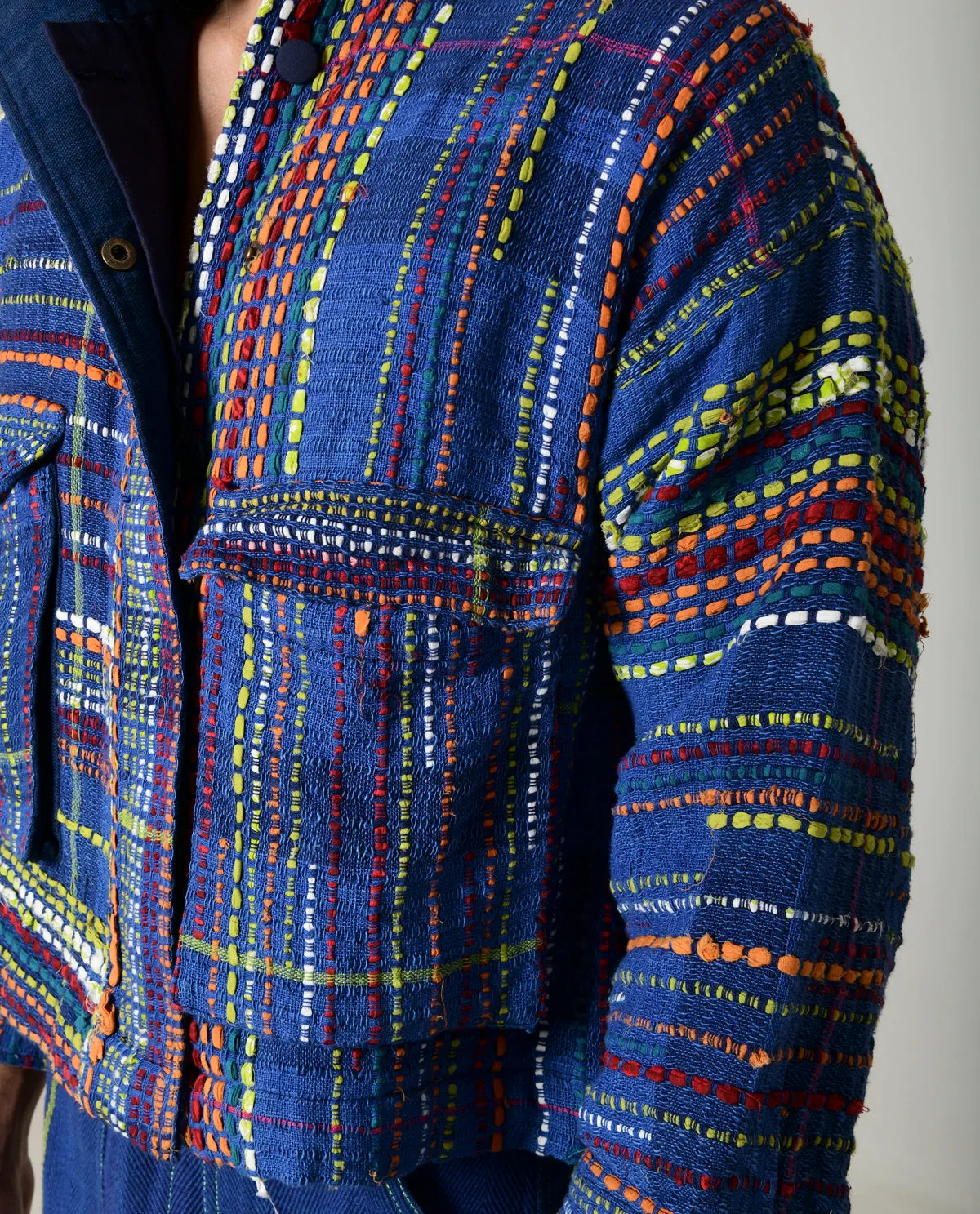 Recycled Blue Multi Colored Collared Cotton Jacket
