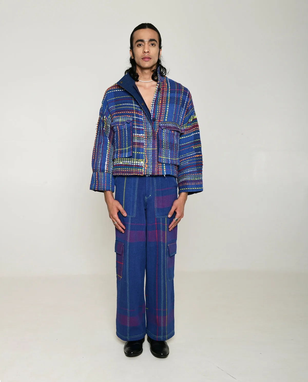 Recycled Blue Multi Colored Collared Cotton Jacket