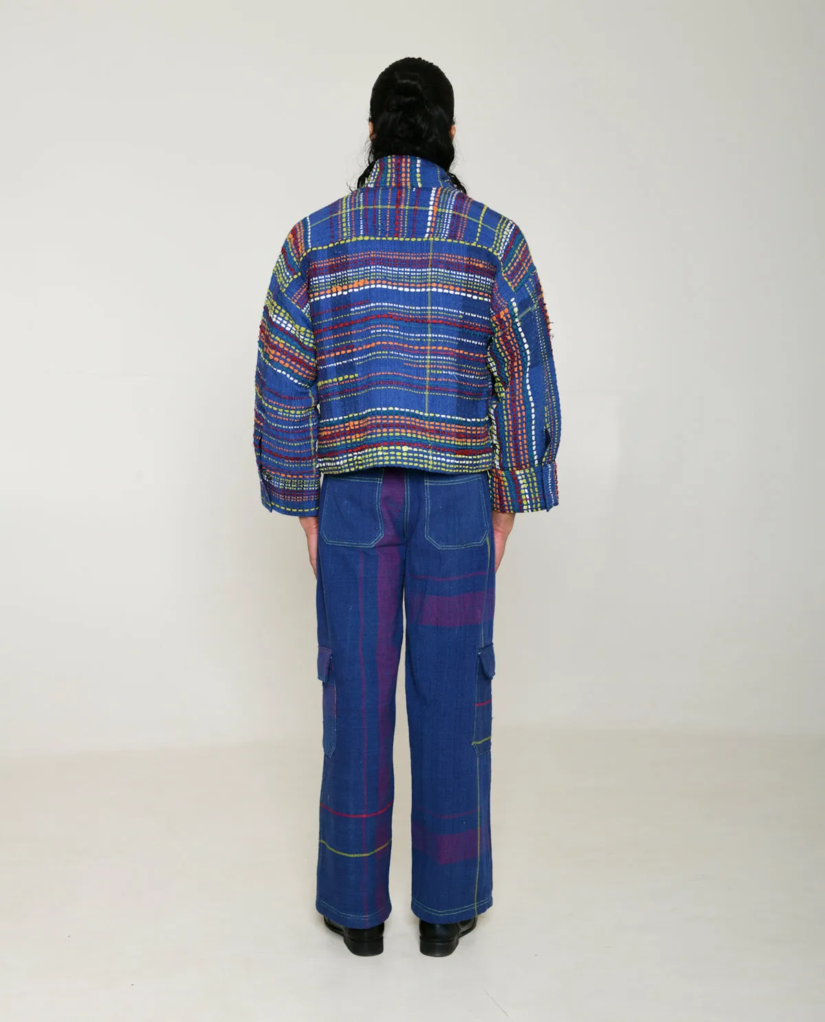 Recycled Blue Multi Colored Collared Cotton Jacket