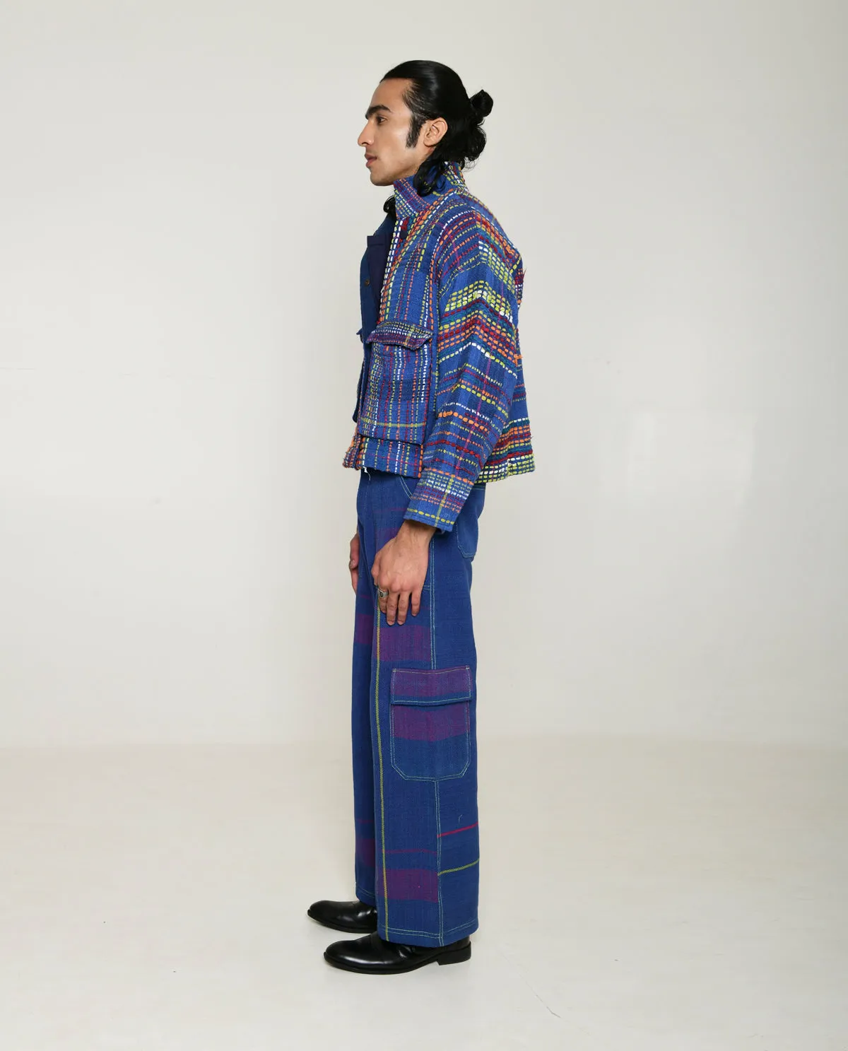 Recycled Blue Multi Colored Collared Cotton Jacket