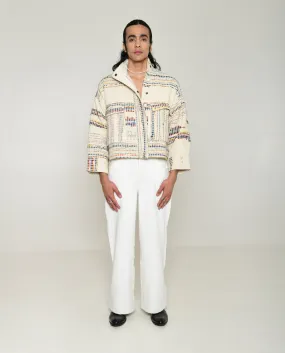 Recycled White Multi Colored Collared Cotton Jacket