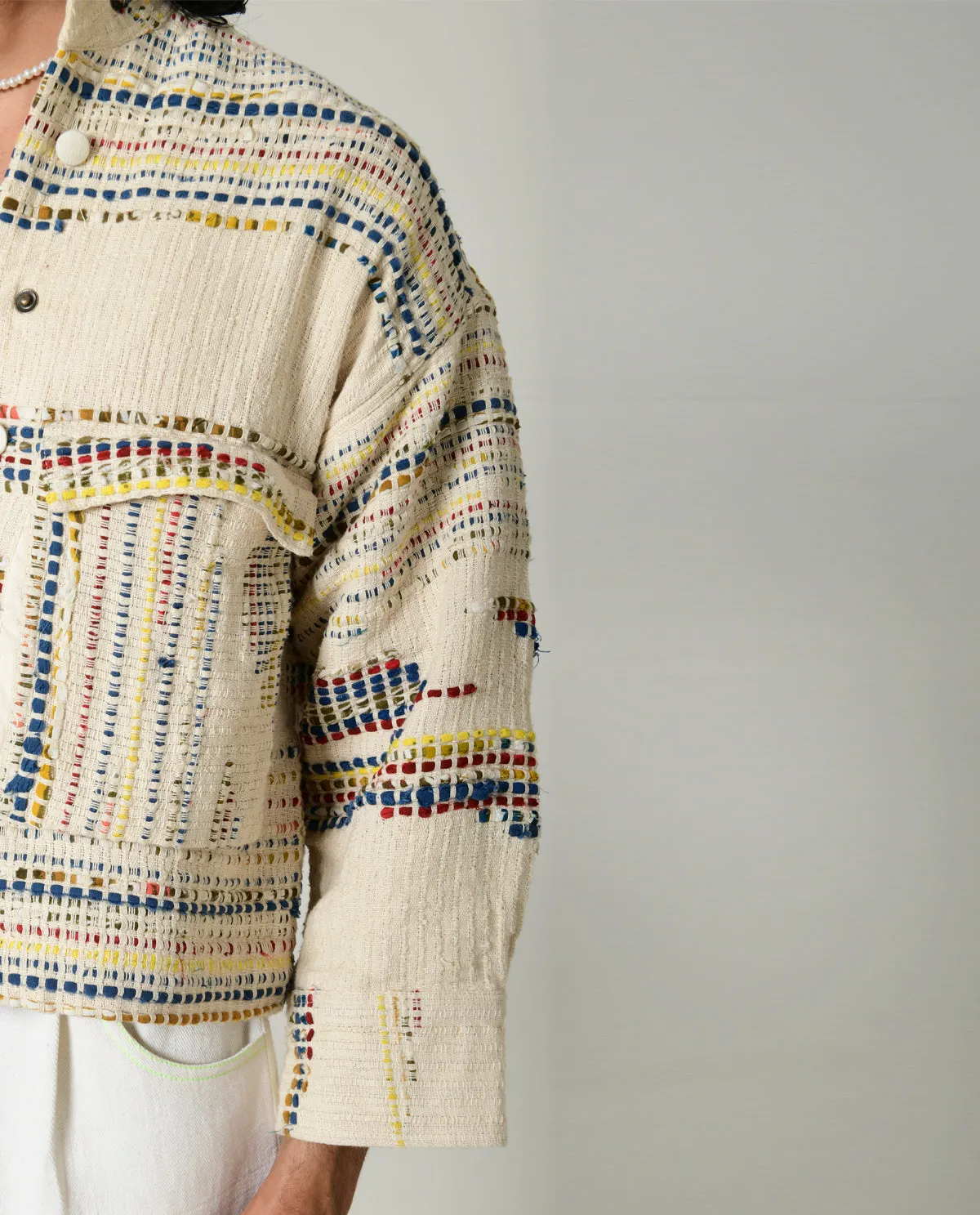 Recycled White Multi Colored Collared Cotton Jacket