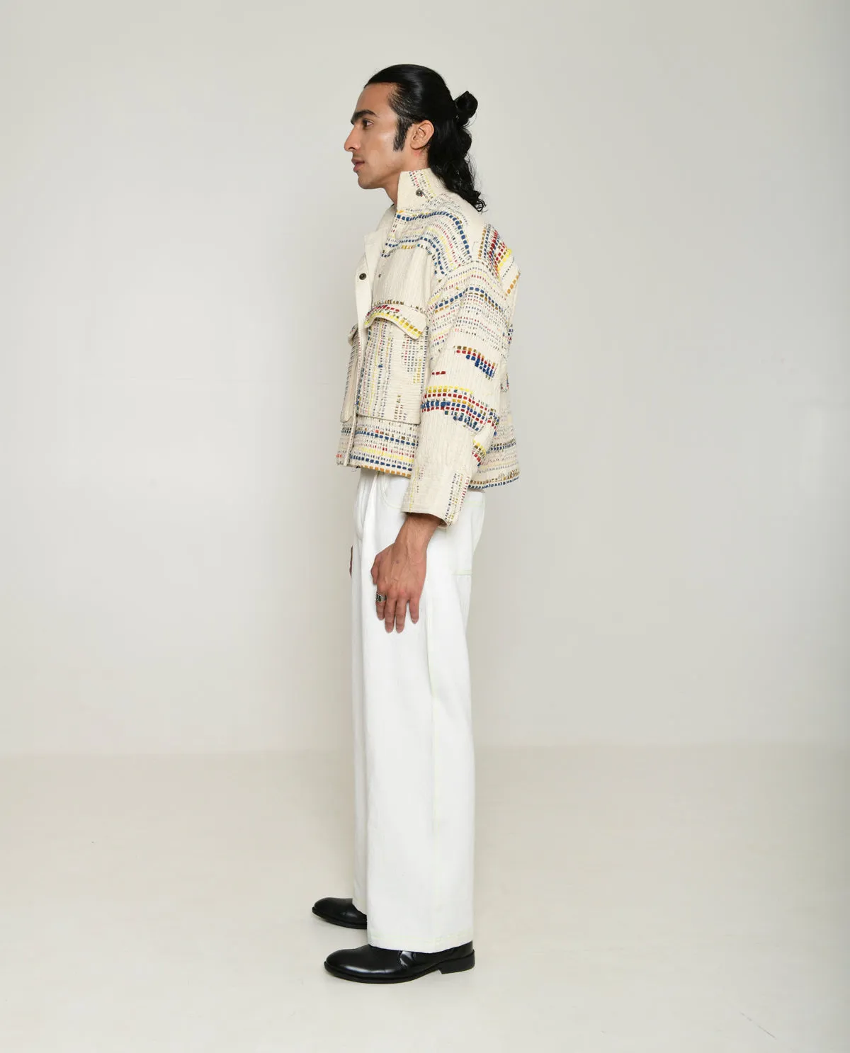 Recycled White Multi Colored Collared Cotton Jacket