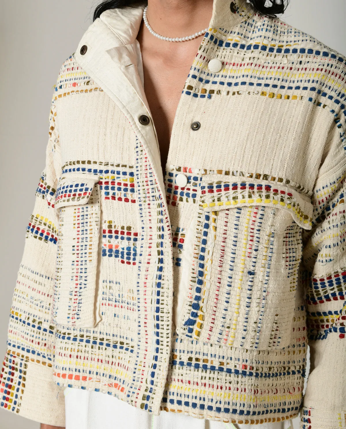 Recycled White Multi Colored Collared Cotton Jacket
