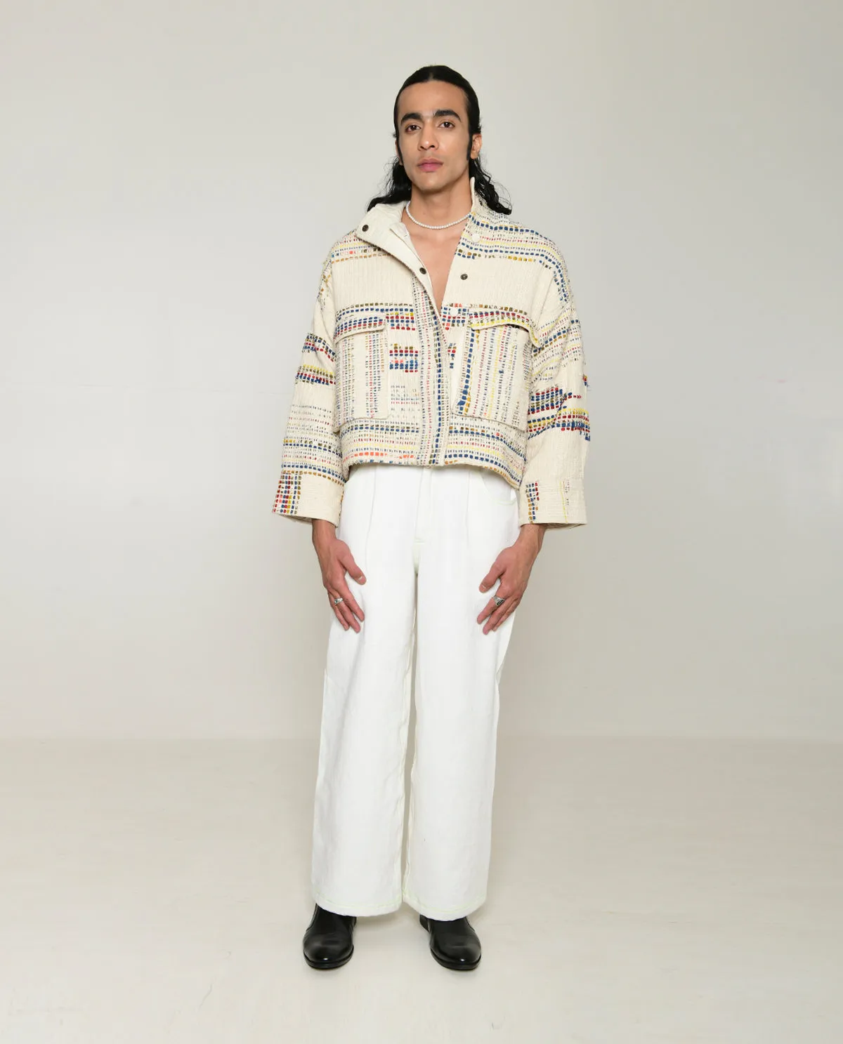 Recycled White Multi Colored Collared Cotton Jacket