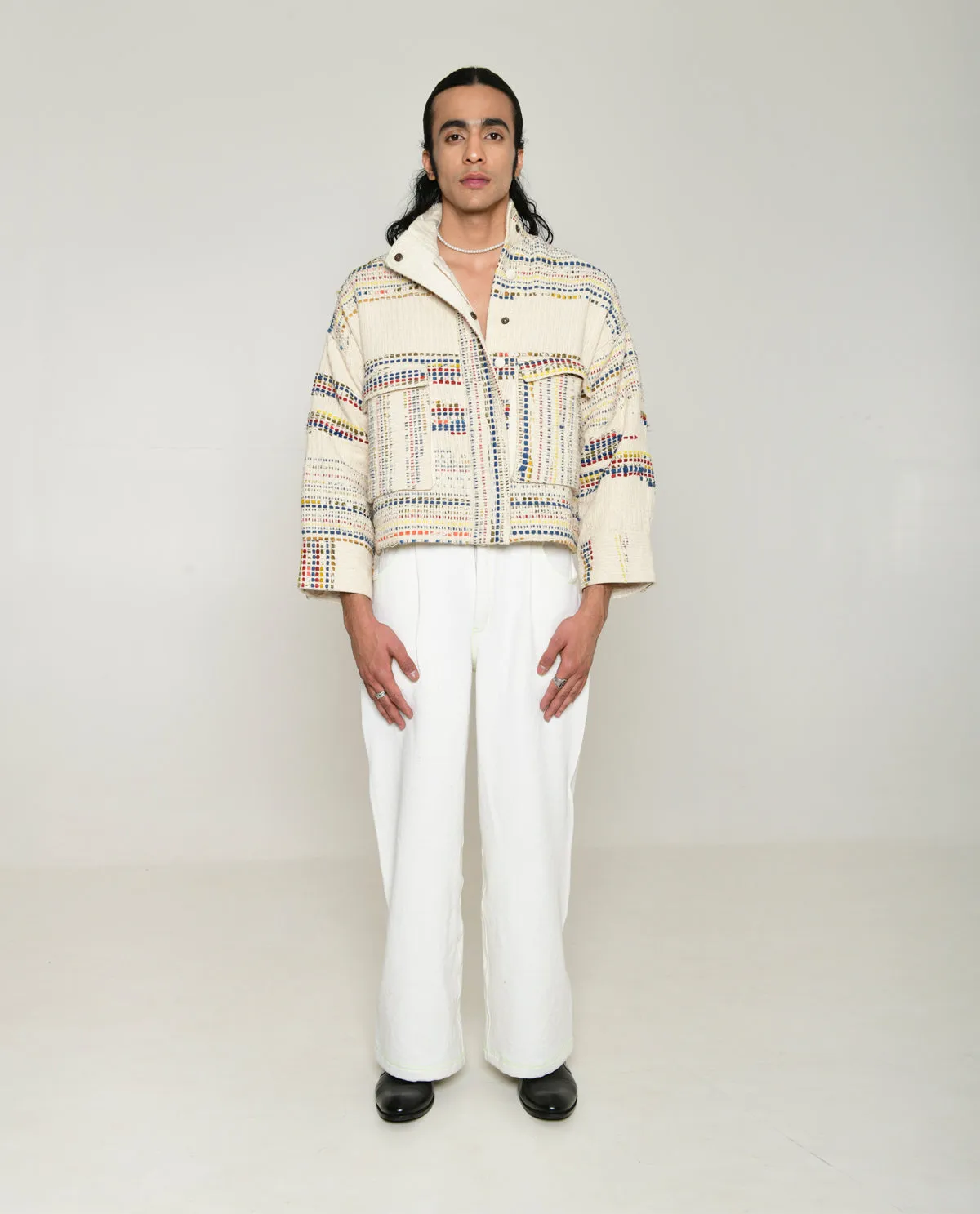 Recycled White Multi Colored Collared Cotton Jacket