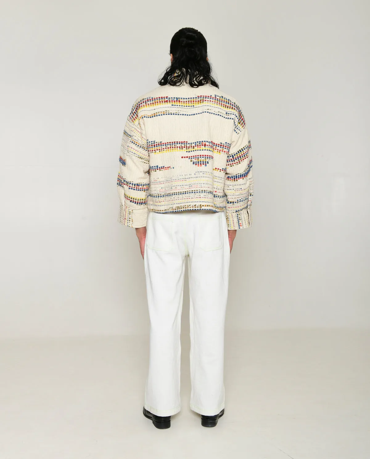 Recycled White Multi Colored Collared Cotton Jacket