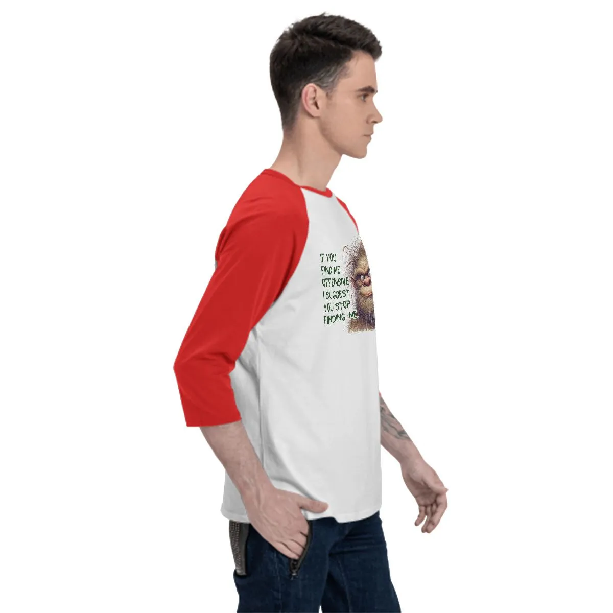 Sarcastic Sasquatch,  “If you find me offensive.."  3/4 Sleeve Cotton Baseball Shirt