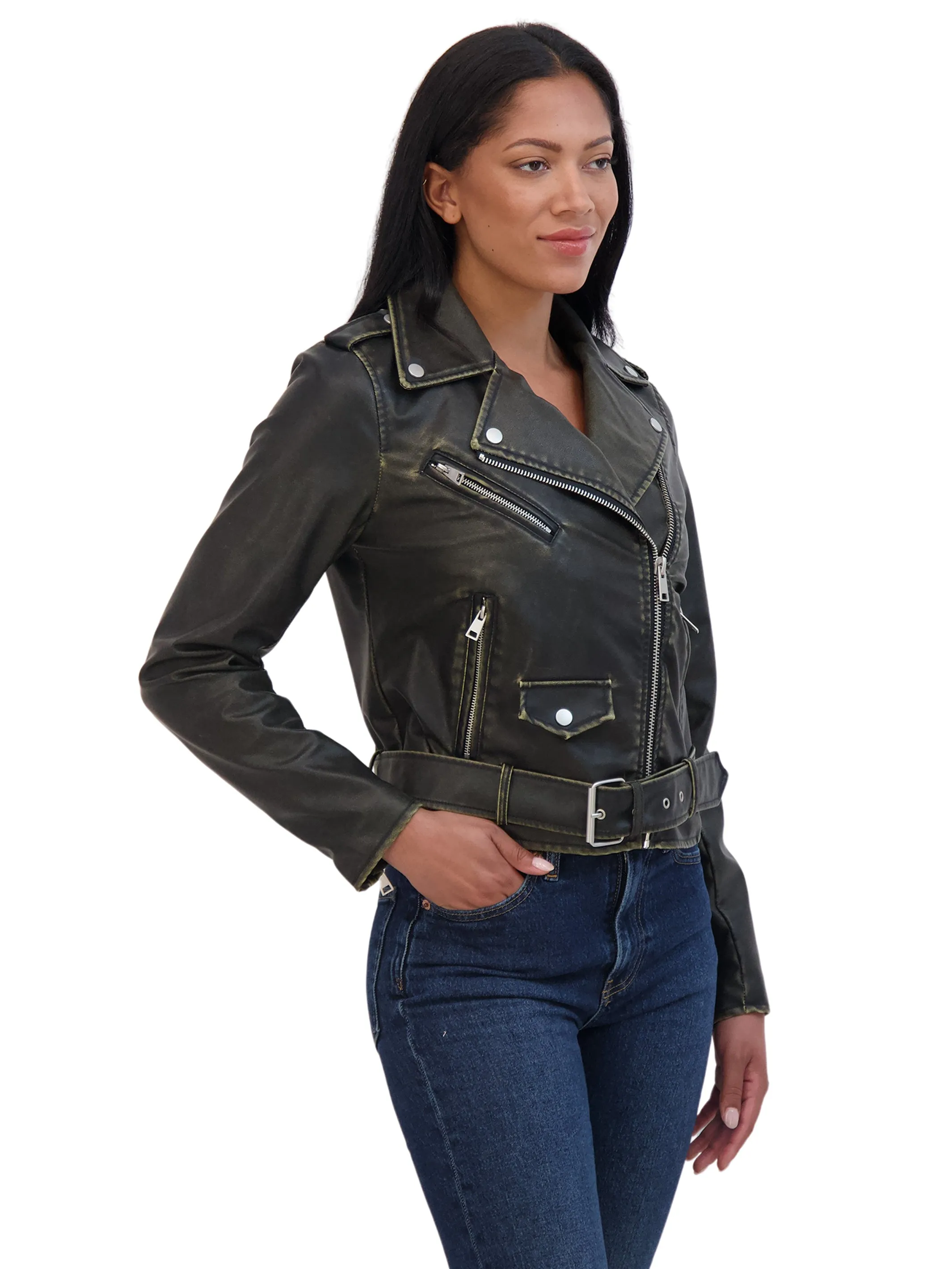 Sebby Collection Women's Distressed Faux Leather Biker Jacket With Attached Belt