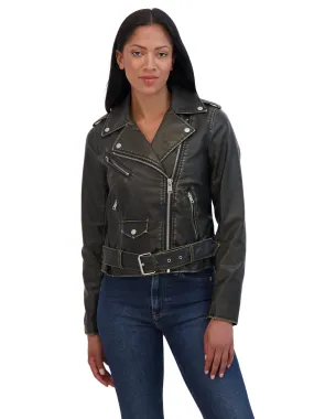 Sebby Collection Women's Distressed Faux Leather Biker Jacket With Attached Belt