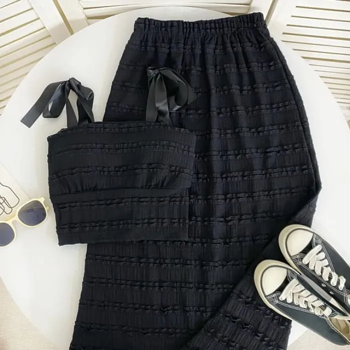 Set: Tie Shoulder Plain Frill Camisole Top   Elastic Waist Maxi A-Line Skirt
