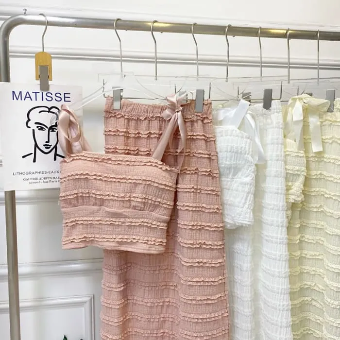 Set: Tie Shoulder Plain Frill Camisole Top   Elastic Waist Maxi A-Line Skirt