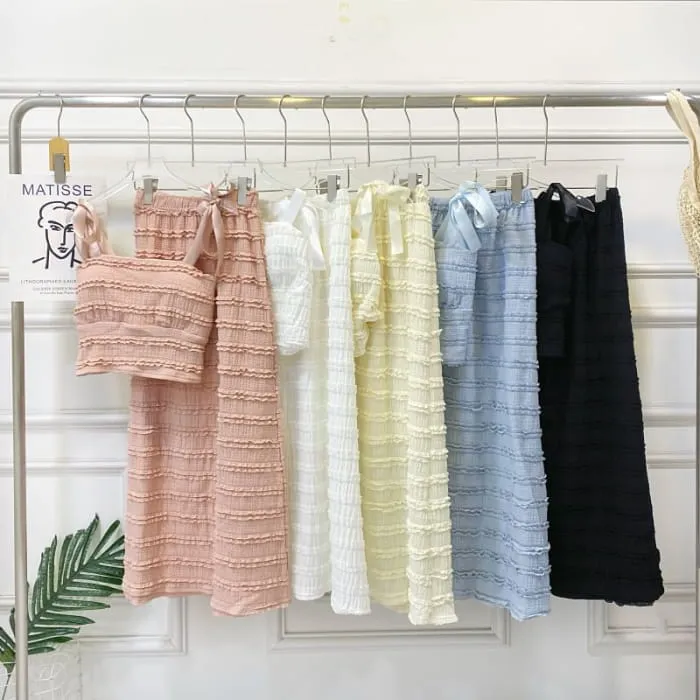 Set: Tie Shoulder Plain Frill Camisole Top   Elastic Waist Maxi A-Line Skirt