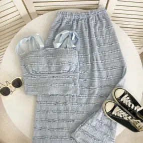Set: Tie Shoulder Plain Frill Camisole Top   Elastic Waist Maxi A-Line Skirt