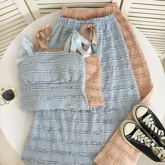 Set: Tie Shoulder Plain Frill Camisole Top   Elastic Waist Maxi A-Line Skirt