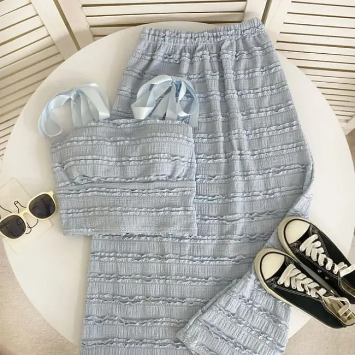 Set: Tie Shoulder Plain Frill Camisole Top   Elastic Waist Maxi A-Line Skirt