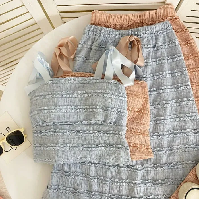 Set: Tie Shoulder Plain Frill Camisole Top   Elastic Waist Maxi A-Line Skirt