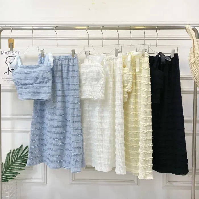 Set: Tie Shoulder Plain Frill Camisole Top   Elastic Waist Maxi A-Line Skirt