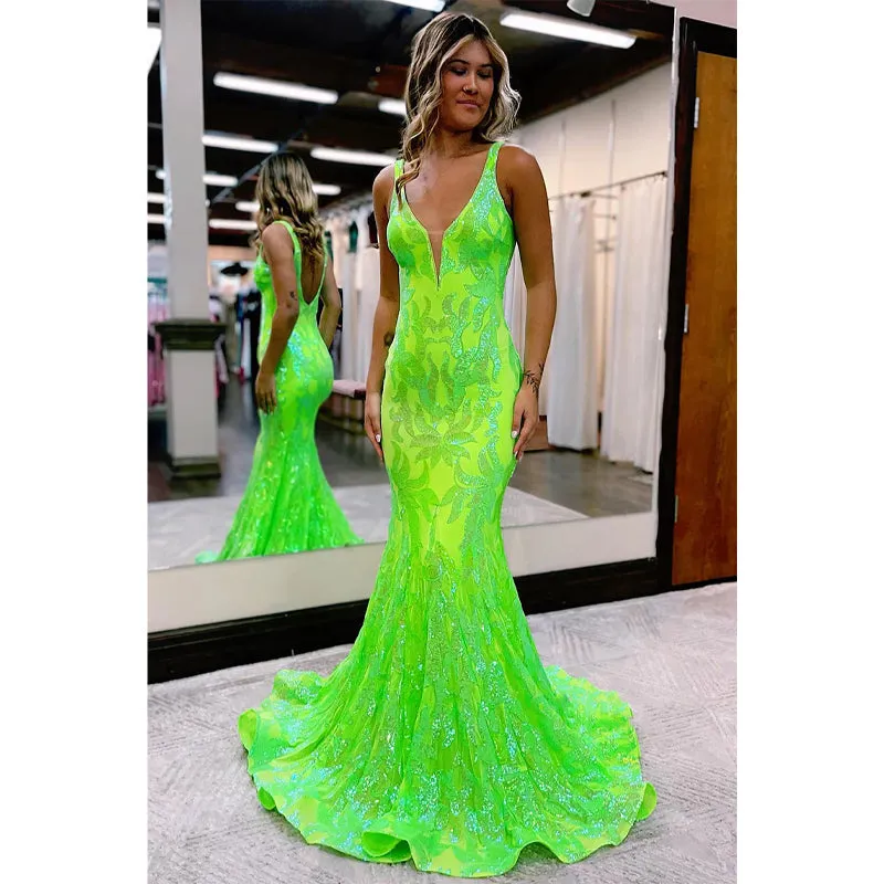 Sexy V-neck Sequins Appliques Mermaid Prom Dress