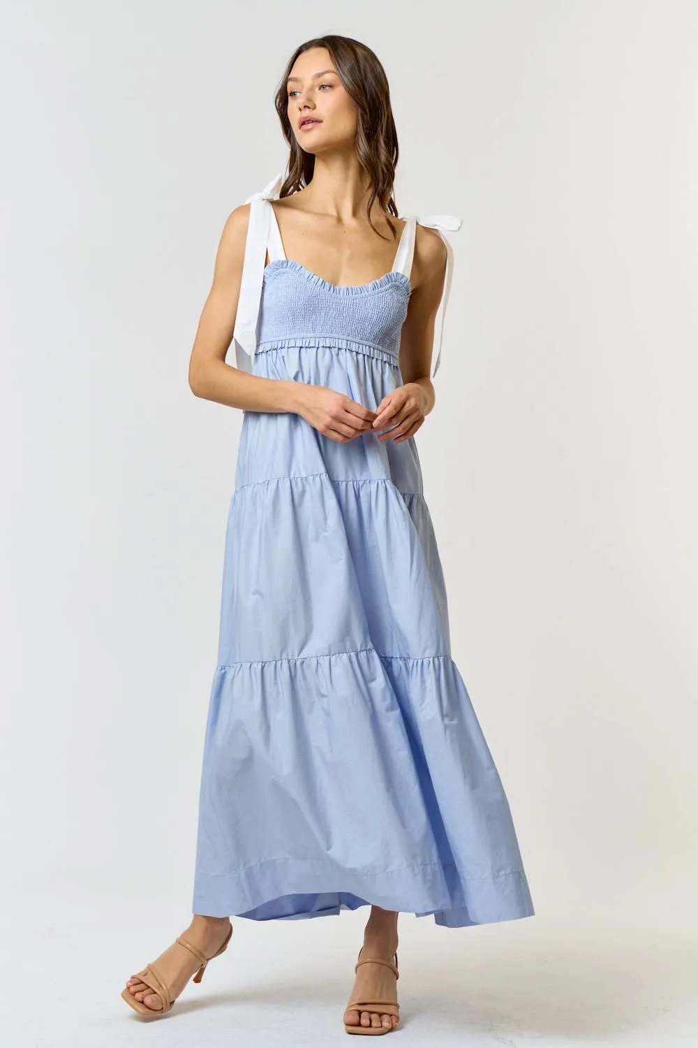 Shoulder Tie Smocked Maxi Dress -Chambray Blue